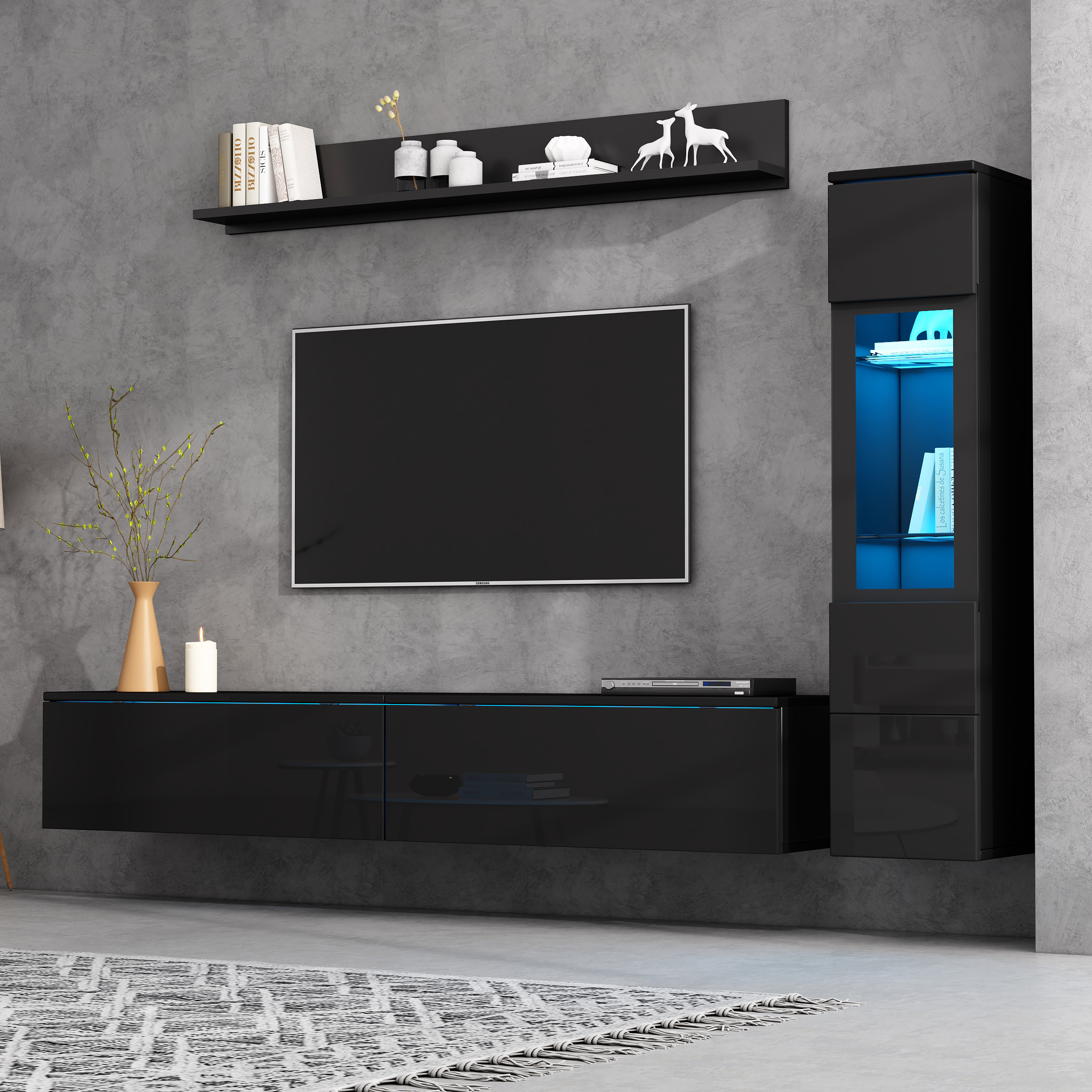 TV Wall Unit Set 3-Piece LED Lighting High Gloss Black Living Room Furniture Set Frontal Wall Unit Black 1 X TV Cabinet, 1 X Living Room Display Cabin