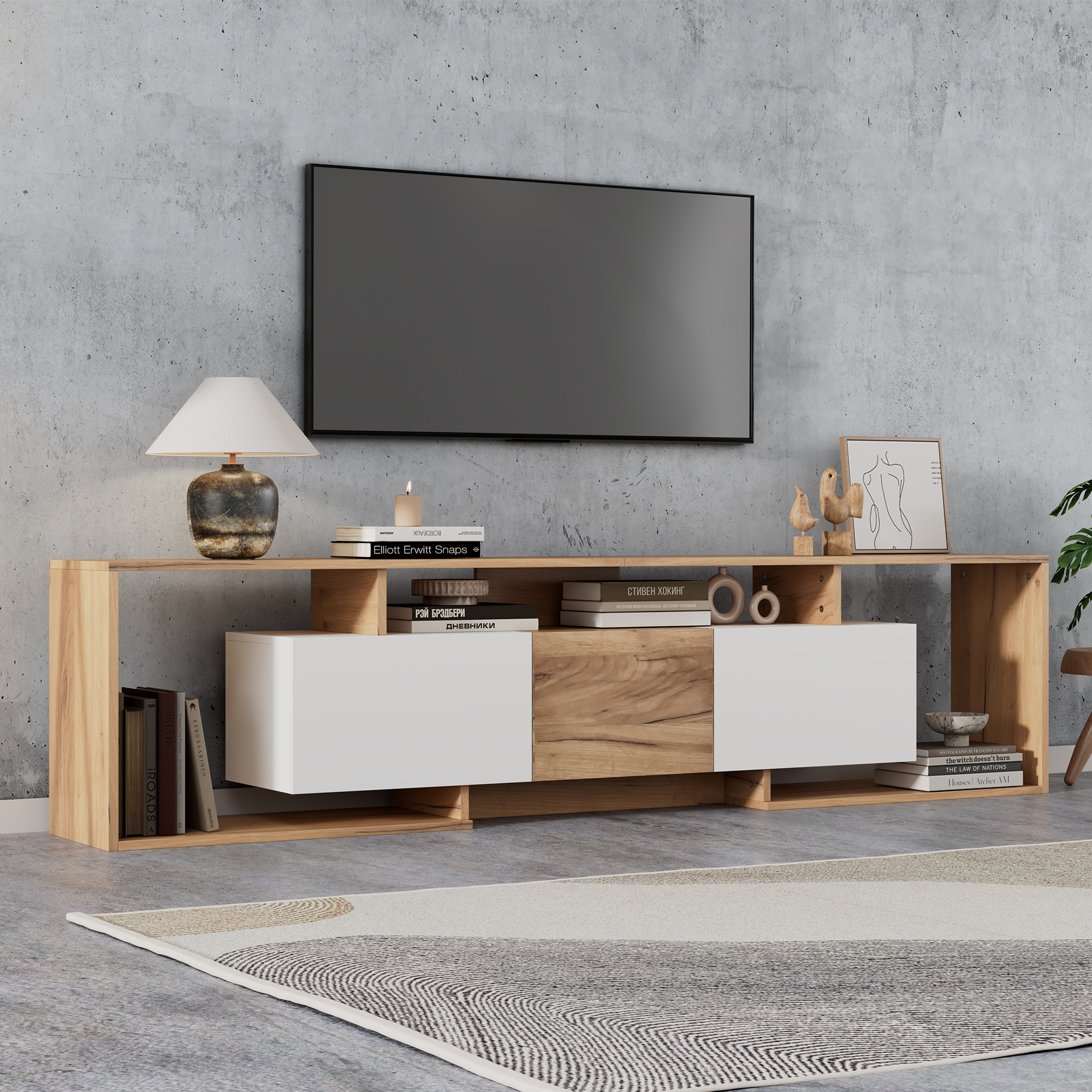 TV Cabinet, Lowboard With 2 Hinged Doors, 1 Hinged Door, 3 Open Storage Areas,color Combination Of White And Natural Wood,TV Cabinet For TVs Up To 85 Inches,Suitable For Living And Dining Room,180x30x