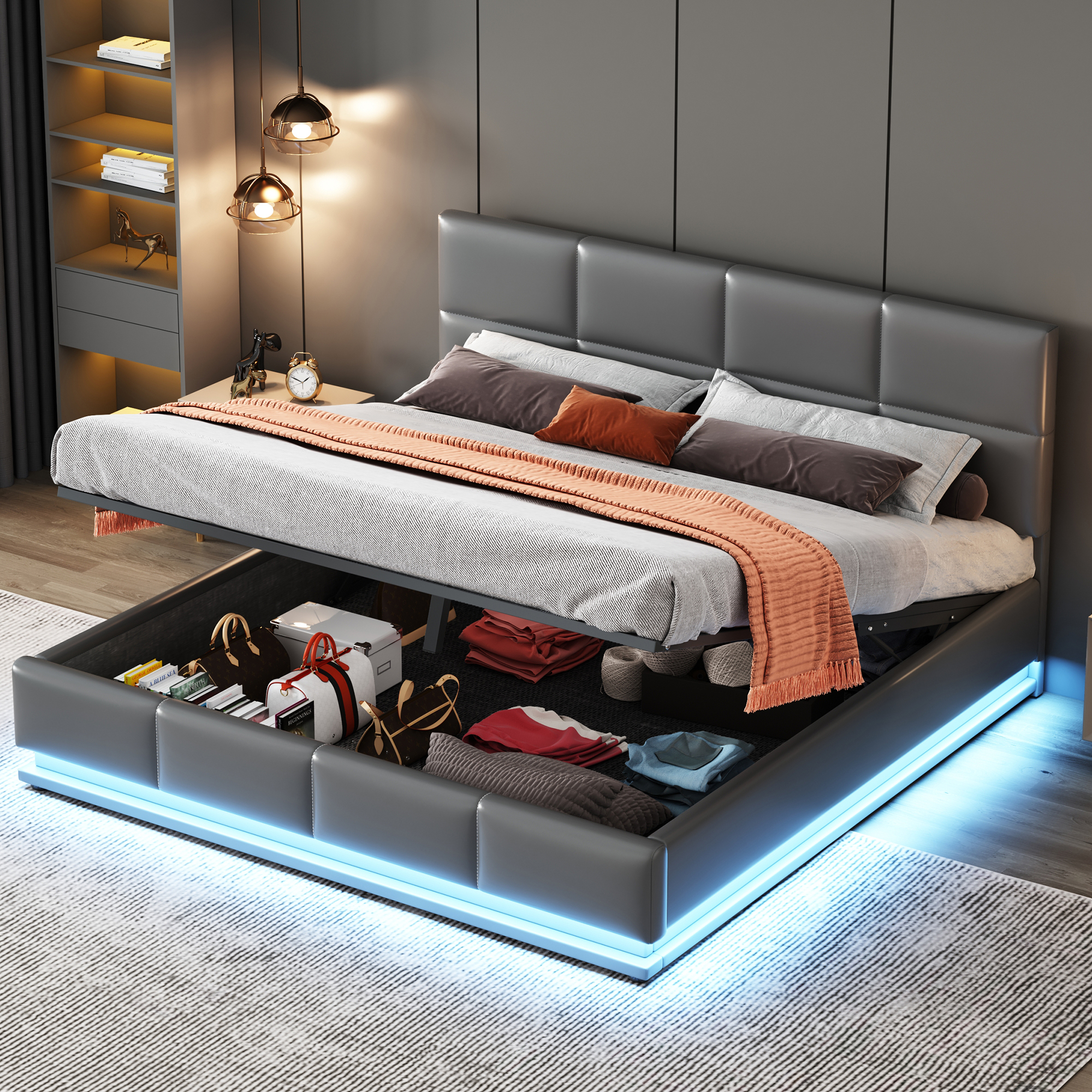 Upholstered Bed 160 X 200 Cm With LED, Metal Slatted Frame & Bed Base, Double Bed With Height-adjustable Upholstered Headboard & Hydraulic Storage Space, Grey Without Mattress