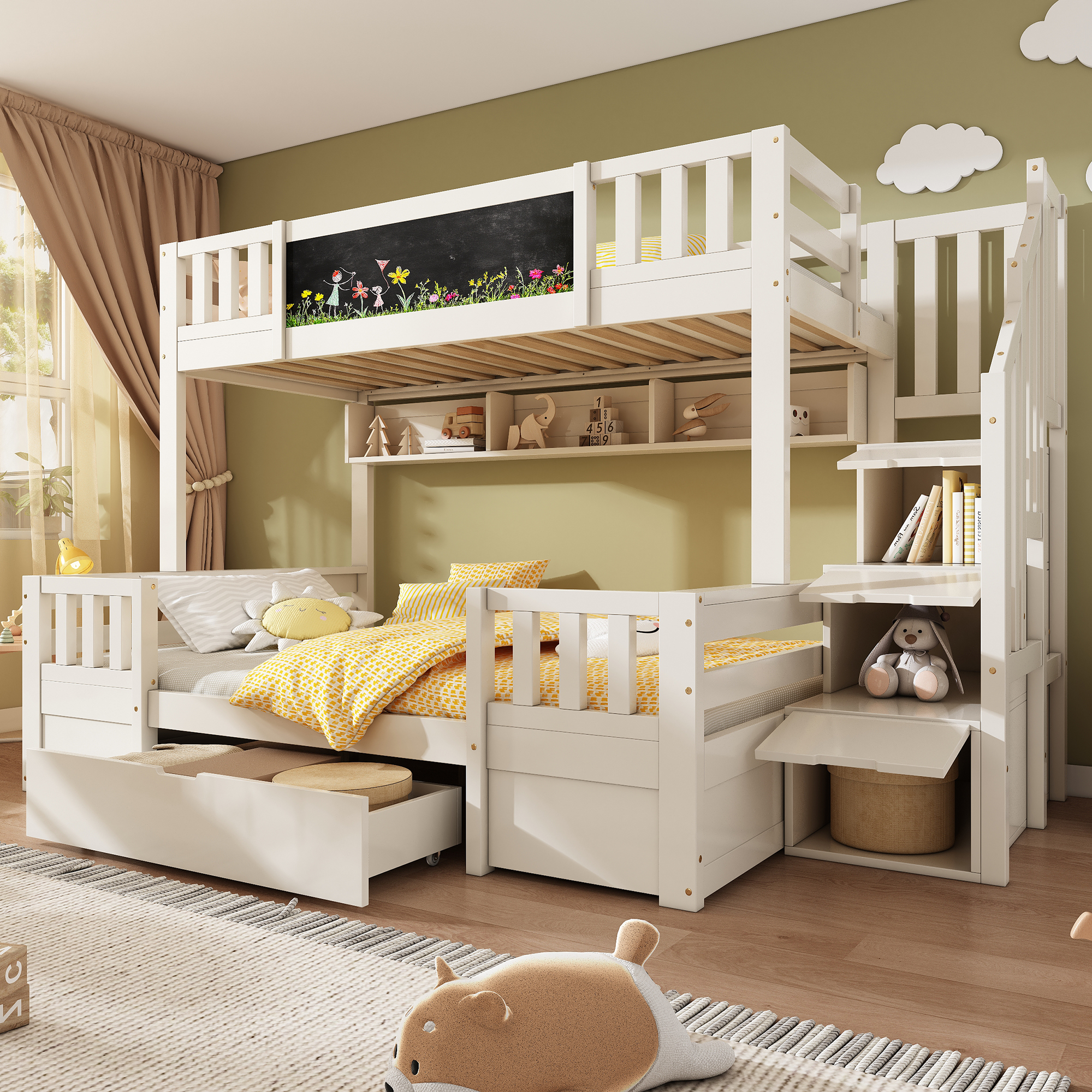 Bunk Bed For 3 Children 90x200 & 140x200 Made Of Solid Wood With Chalkboard, Storage Stairs, Drawers And Ladder Cupboard, Stable Loft Bed -bunk Bed Youth Bed, White