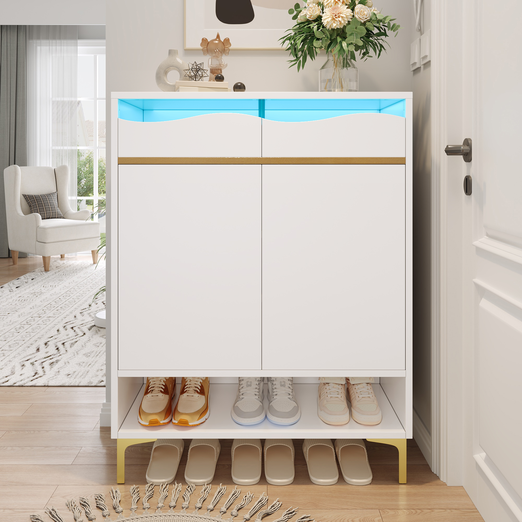 Armoire à chaussures blanche moderne avec LED 16 couleurs Couloir peu encombrant