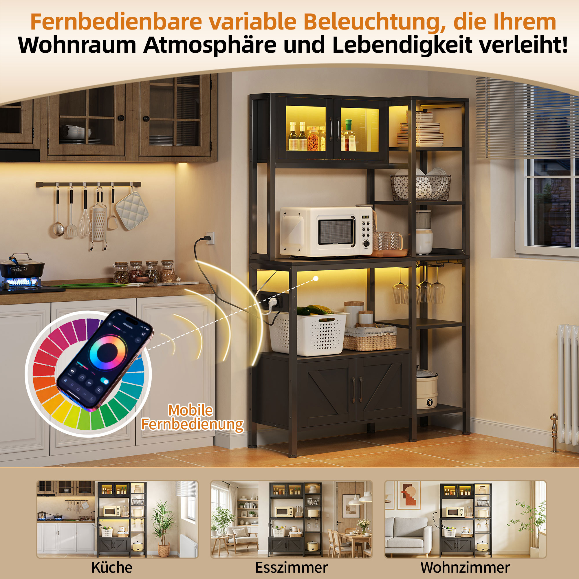 Baking Shelf, Kitchen Cabinet With Socket And LED Lights, Bar Shelf, Microwave Shelf With Storage Function, Wine Glass Holder, 180x115cm 2