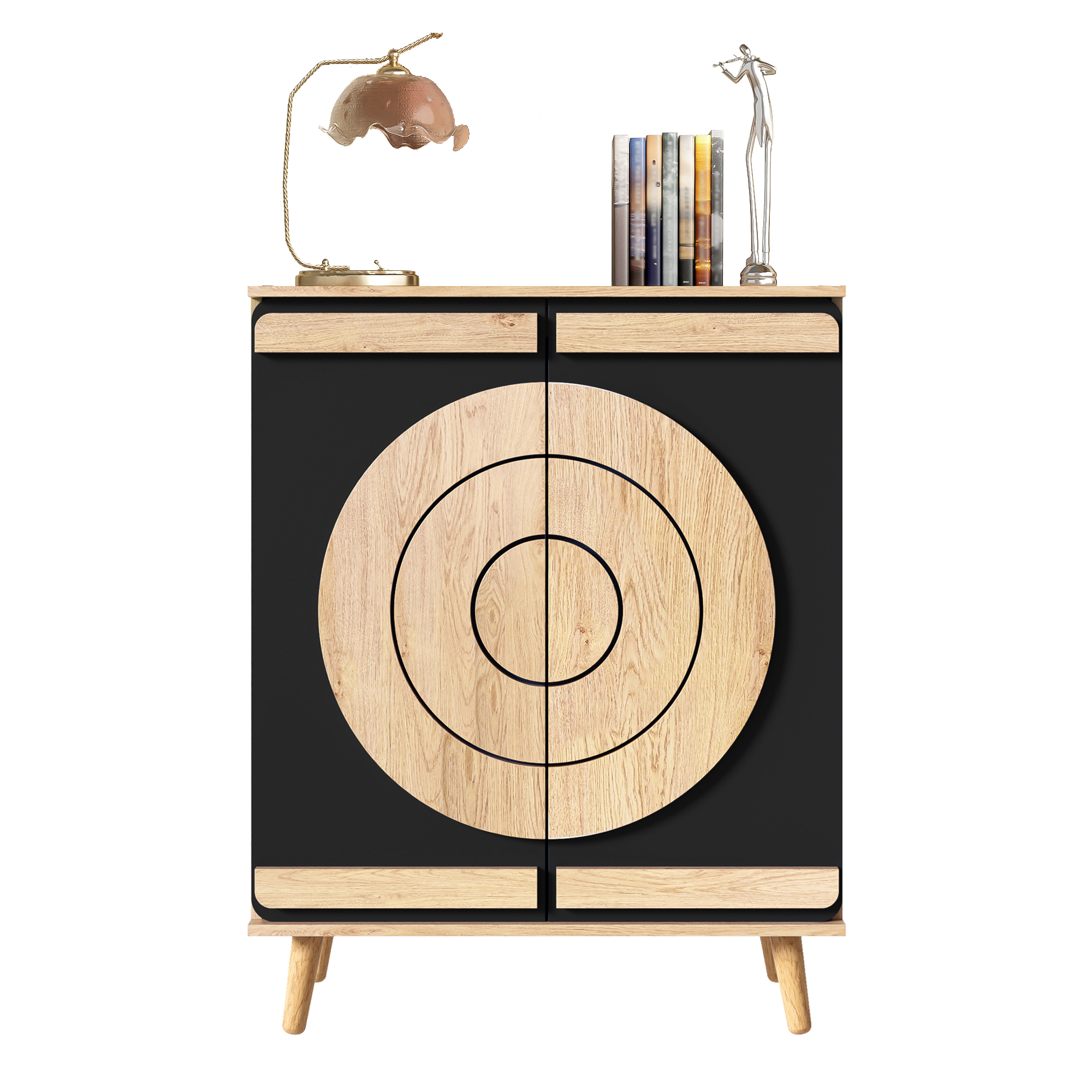 Modern Shoe Cabinet With Round, Geometric Doors, Multi-level Storage Space, Sturdy Wooden Legs.