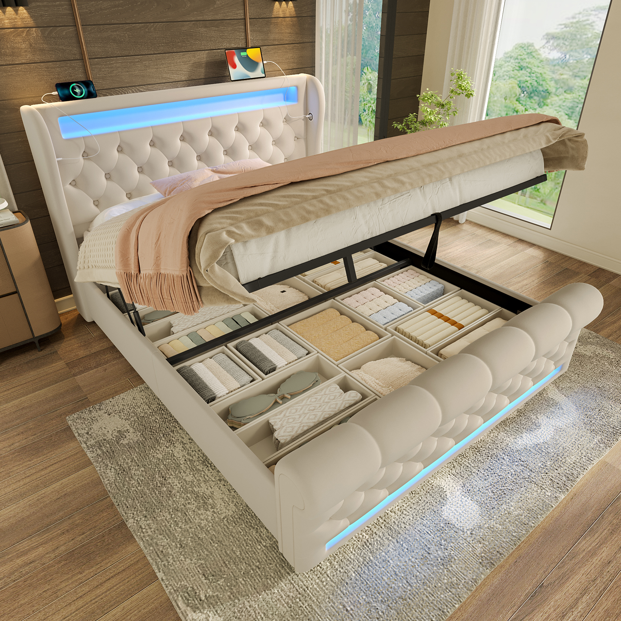 Modern Upholstered Bed Double Bed 140x200cm, Upholstered Bed With LED Lights,Storage Headboard With USB And Type-C Ports, Hydraulic Storage Bed, Beige, Velvet Without Mattress