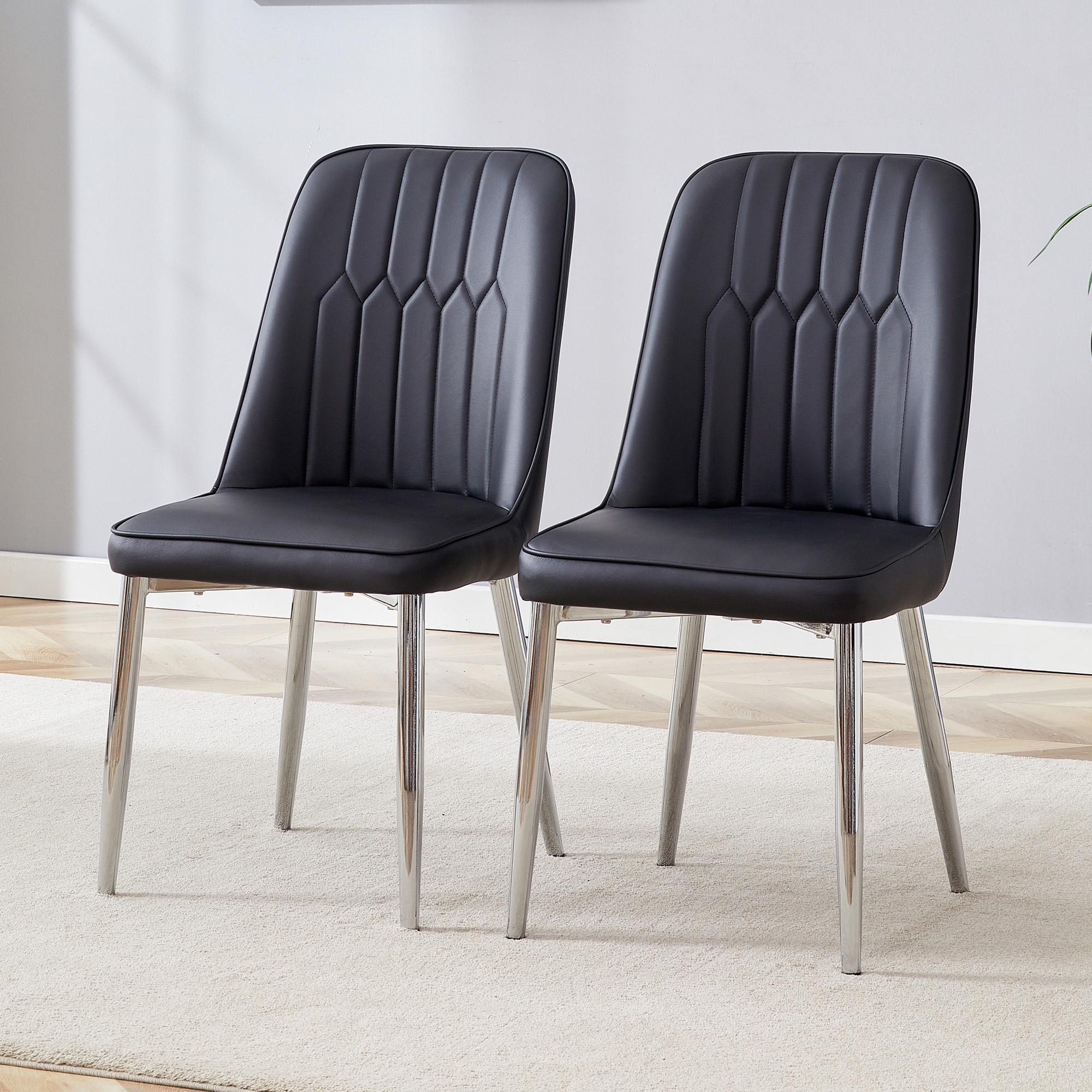 Two Black Faux Leather Dining Chairs Modern And Minimalist Design, Equipped With Widened Seat, Backrest And Silver-colored Metal Legs, Suitable For D