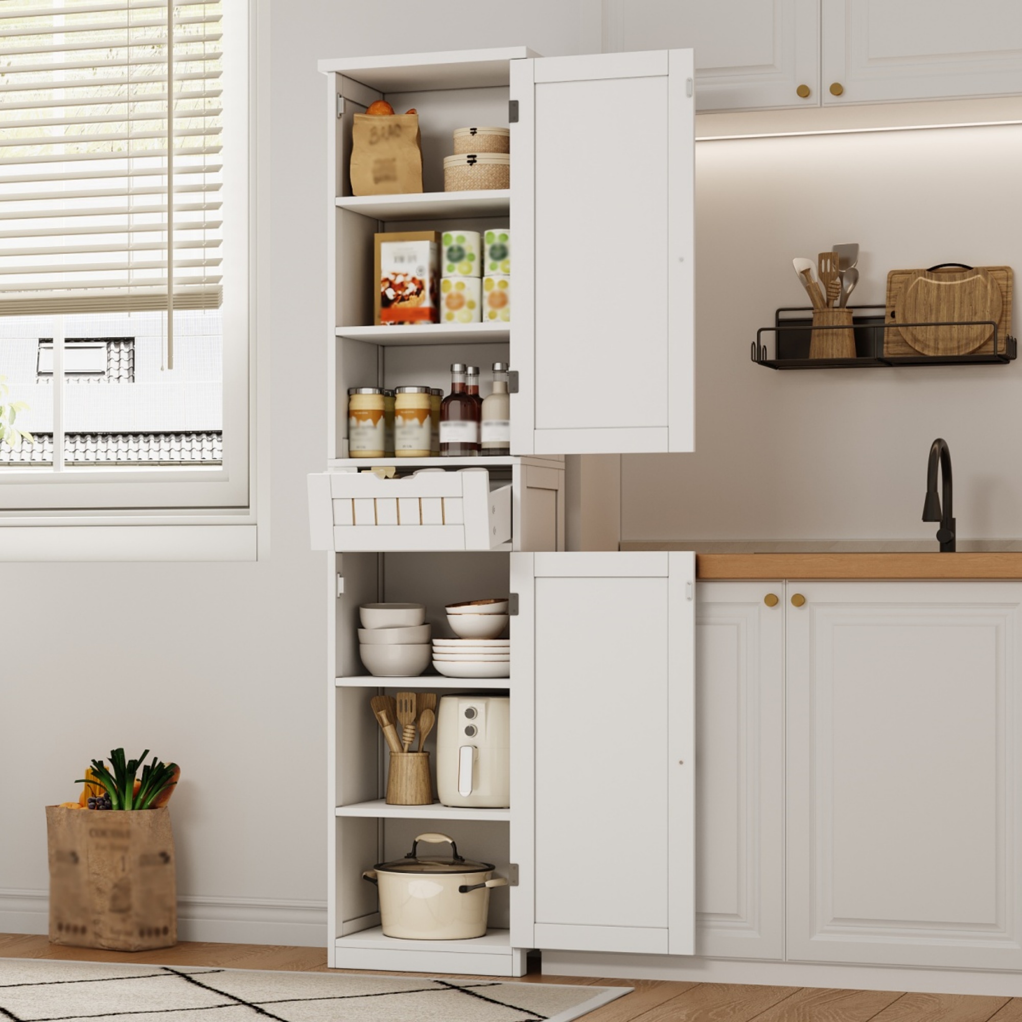 Kitchen Cabinet, 170x40x30 Cm, With 2 Doors And 1 Drawer And Adjustable Shelves For Flexible Storage. Suitable For Kitchen, Dining Room Or Living Room.