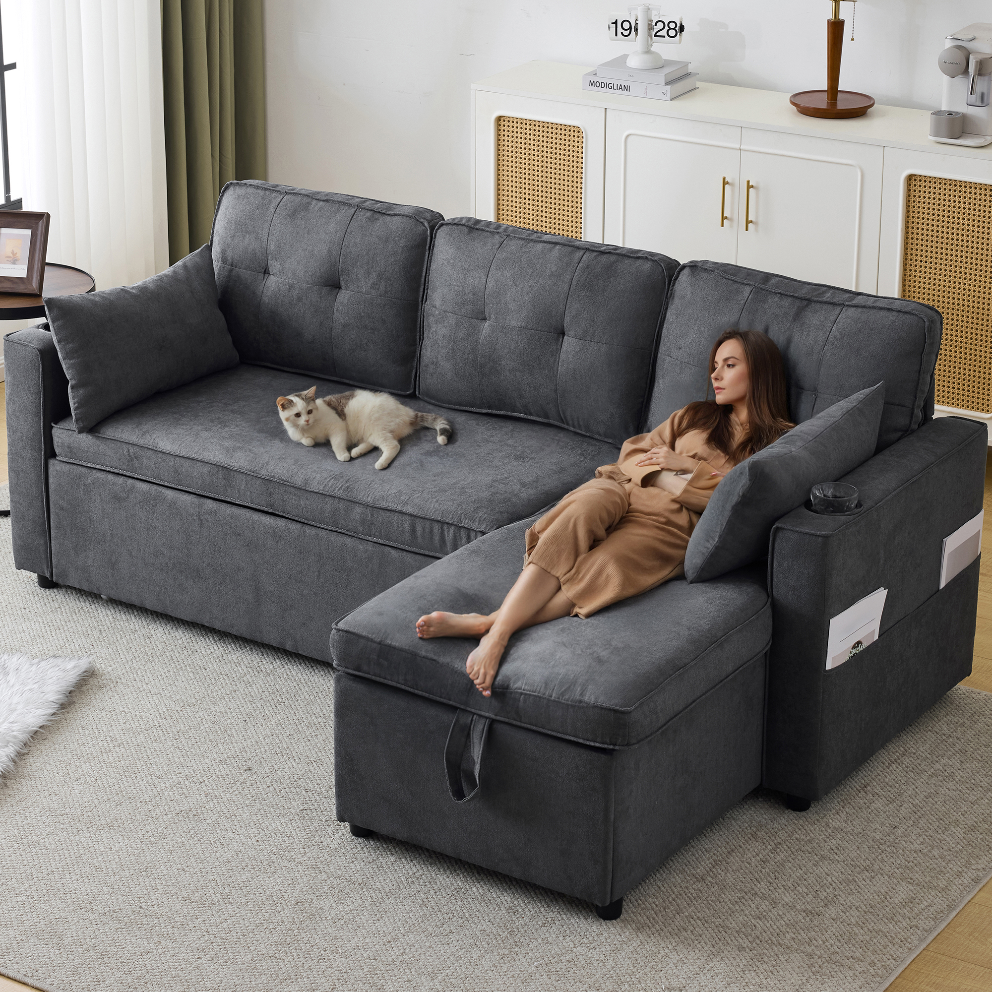 Sofa Bed With Sleeping Function, L-shaped Sofa, Modern Design, Upholstered Furniture, Sofa, Lounge Chair With Storage Space, With Cup Holder, Living Room Sofa Bed, Left And Right Interchangeable