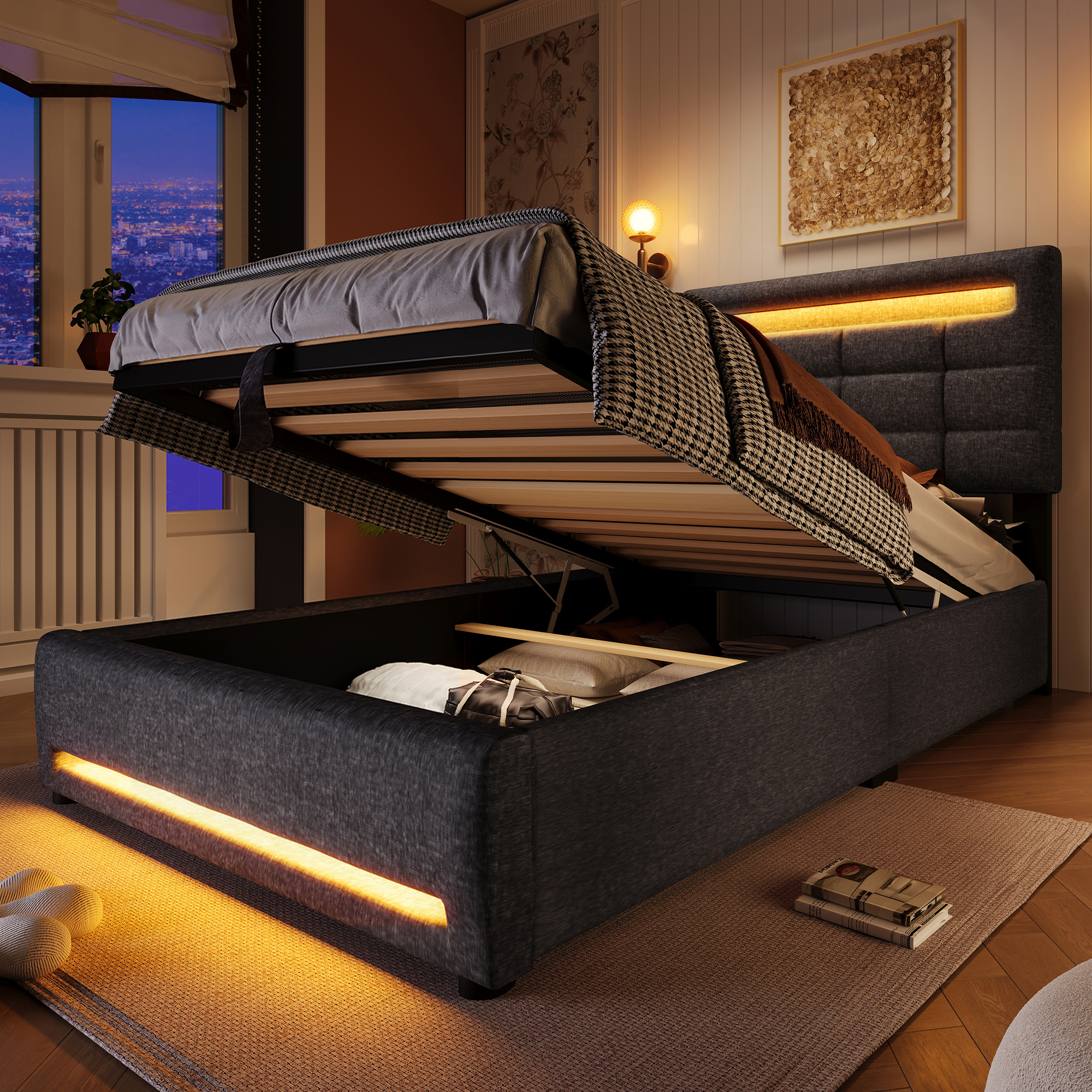 Upholstered Bed, 90x200cm, APP Remote Control, With LED Lights, Hydraulic Storage, Without Mattress, With USB Socket, Linen, Grey