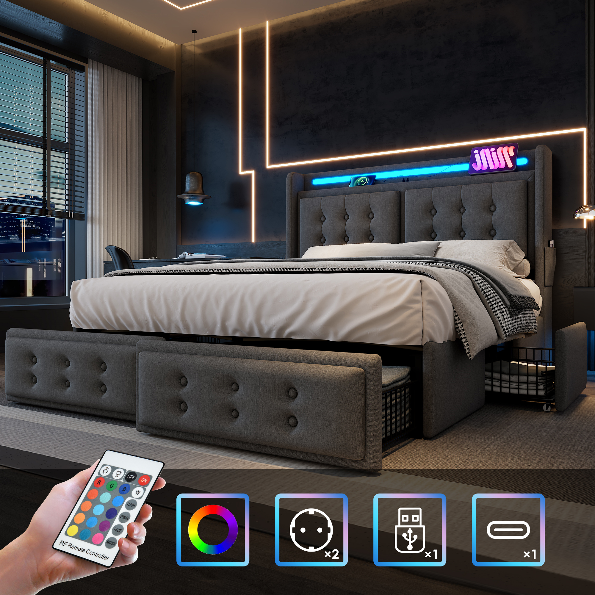 Upholstered Bed 160x200, Double Bed With LED Headboard And USB C Charging Function And 4 Drawers, Storage Beds With Wooden Slatted Base And Metal Frame, Load Capacity 300 Kg, Grey, Cotton Without Matt