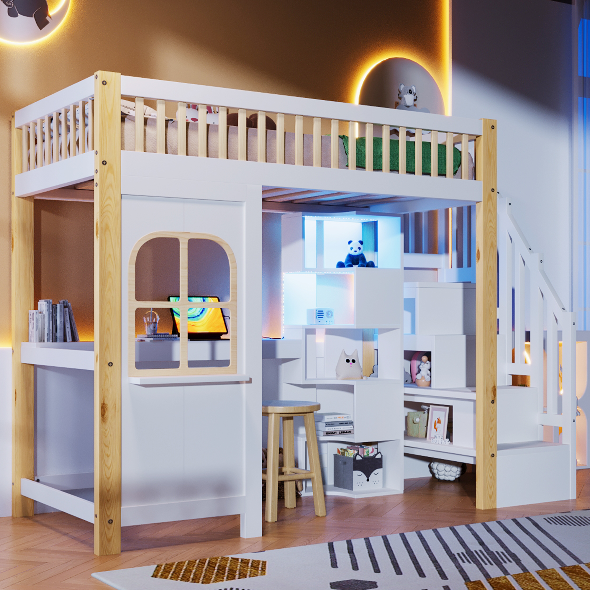 Loft Bed, 90x200cm, With LED Lights, Window Shape, Storage Ladder, Open Storage Compartment, Desk, Socket, Without Mattress, White Natural