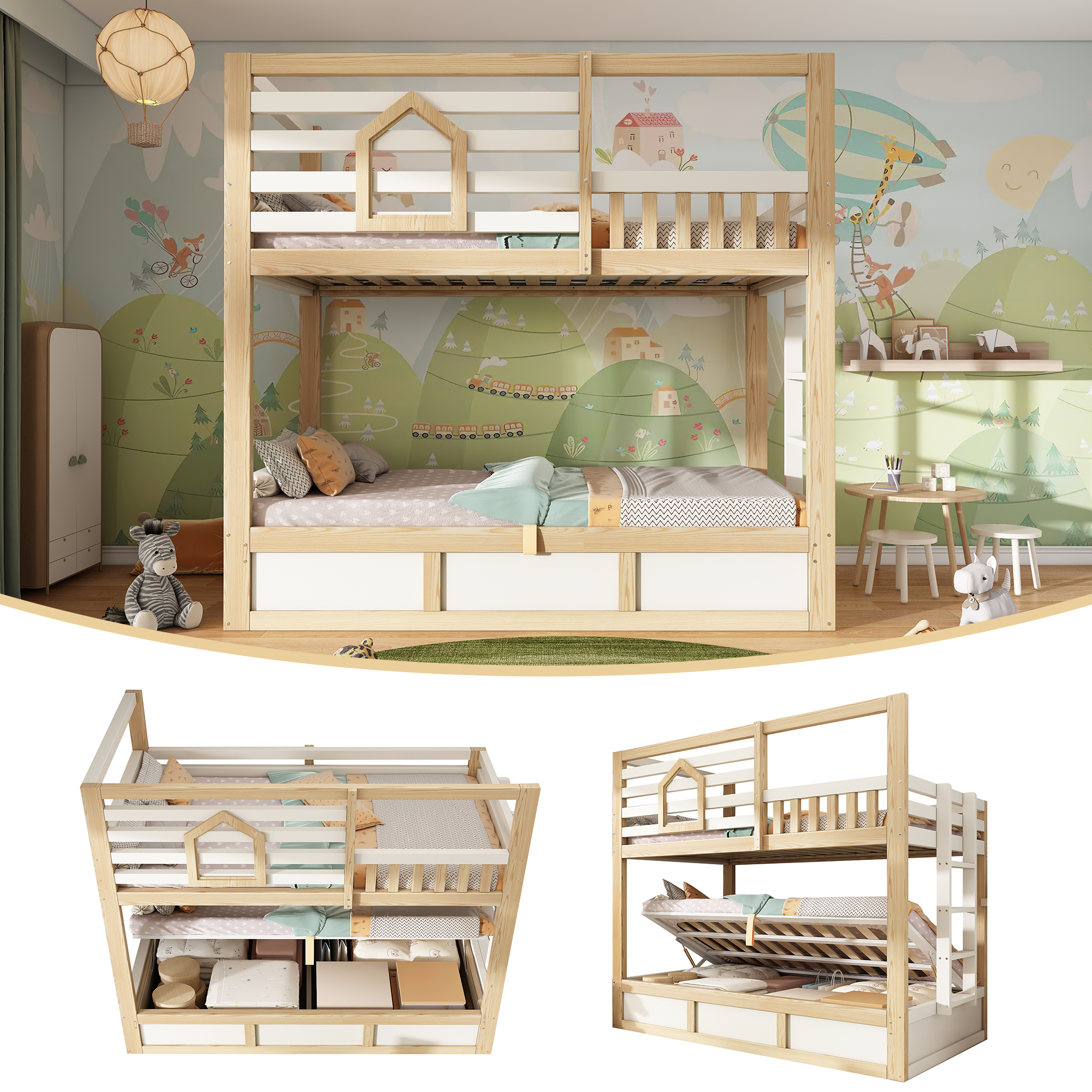 Children's Bunk Bed 90x200 Cm  2 Beds , Cabin Style White Natural Wood With Window Safety Railing, Straight Ladder, Hydraulic Storage Space For 2 Children, EN747  Without Mattress