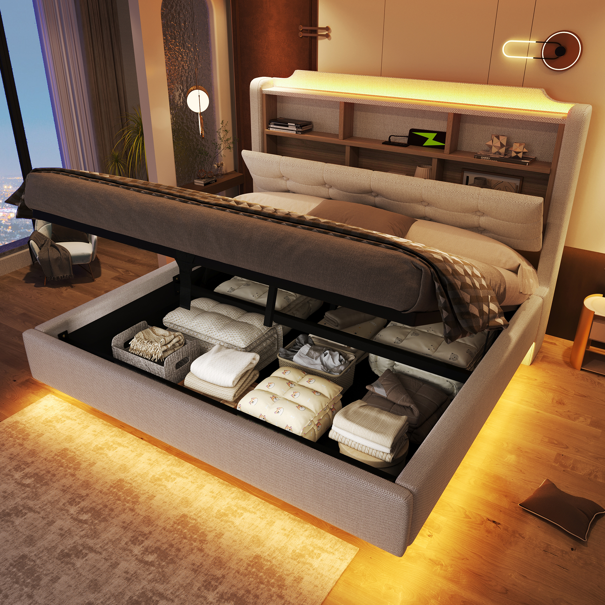 Upholstered Bed, 140 X200 Cm, With LED Light Strip, Hydraulic Storage, Storage Compartments, Floating Design, Mattress Not Included, USB And Type-C Ports, Linen Fabric, Beige