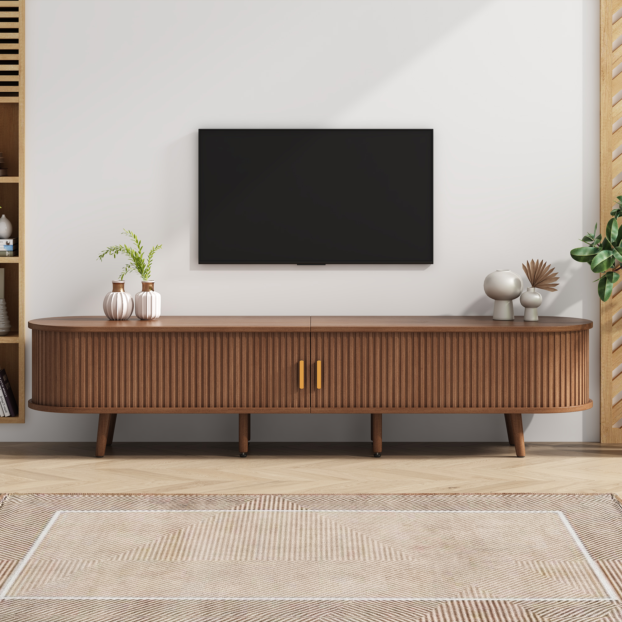 175 X 40 X 42cm Living Room TV Cabinet With Storage  Round Tabletop, MDF Wood Grain, 2 Drawers, Lowboard Cabinet With Telescopic Doors, Walnut TV Cabinet, Fits 75-inch TVs