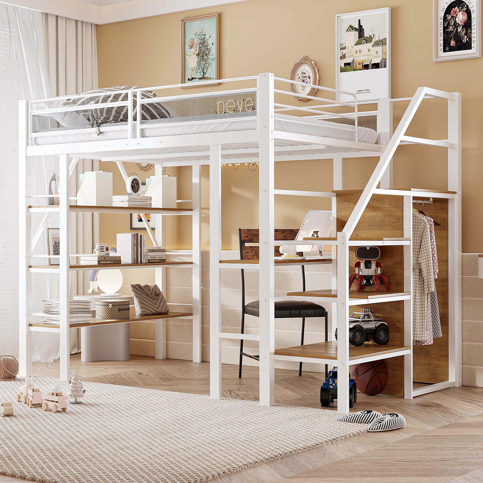 Loft Bed 140x200cm, Three-layer Storage Shelf, Desk, Wardrobe, Security Steps With Storage Compartment, High Fence Design, Iron Bed, Single Bed, White