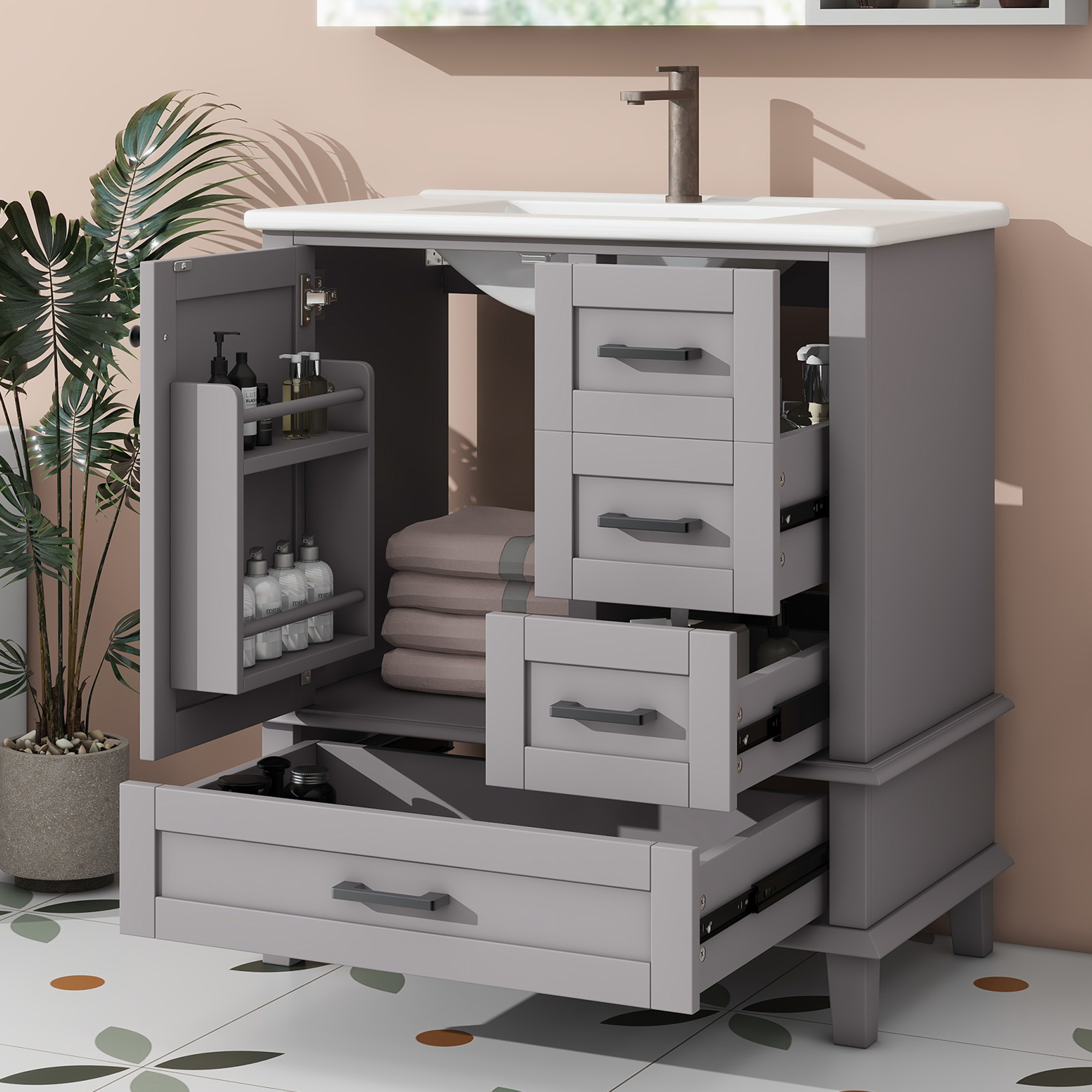 76x46x83.5cm Floor-Standing Bathroom Cabinet With Sink, Vanity, Full Paint, Door Shelf, Three Silent Drawers, Integrated Ceramic Sink, Grey