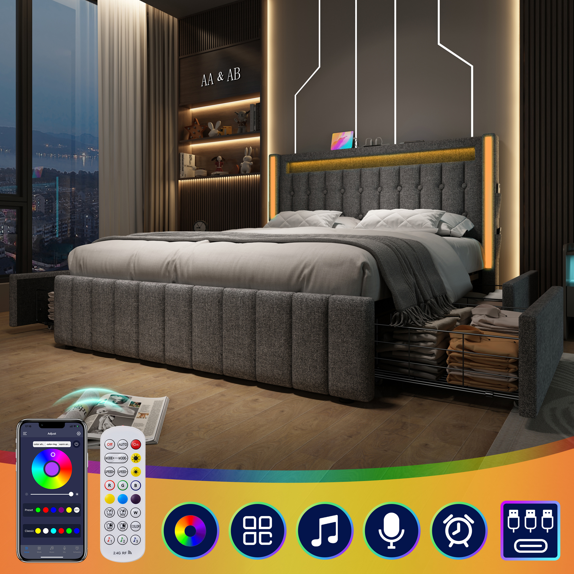 Upholstered Bed USB Type C Charging Function LED Lighting And 4 Drawers, Youth Beds 140x200cm Double Bed Storage Beds Bed Frame, Wooden Slatted Base, Grey  Without Mattress
