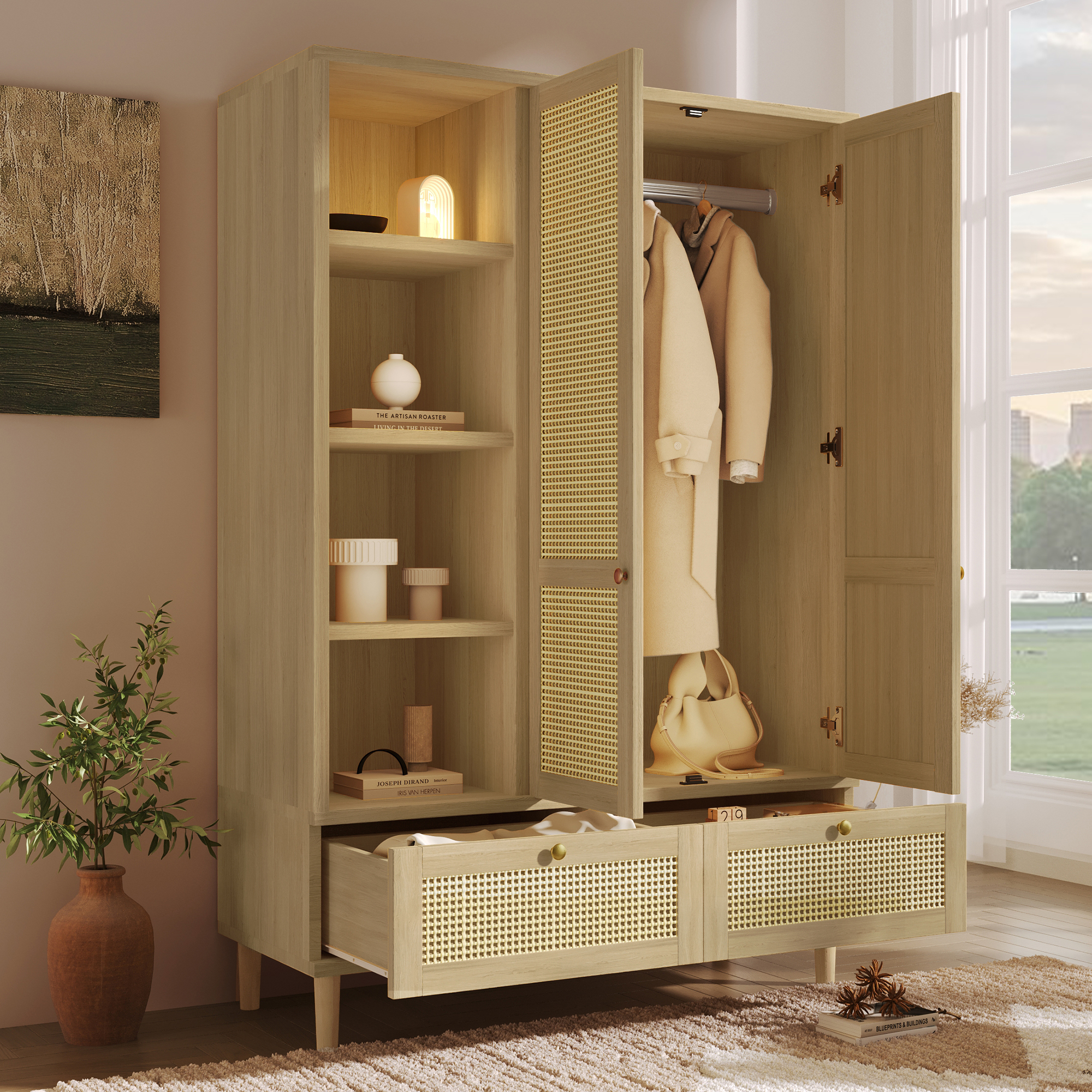 Armoire-penderie avec 2 portes et osier en rotin – Image 3