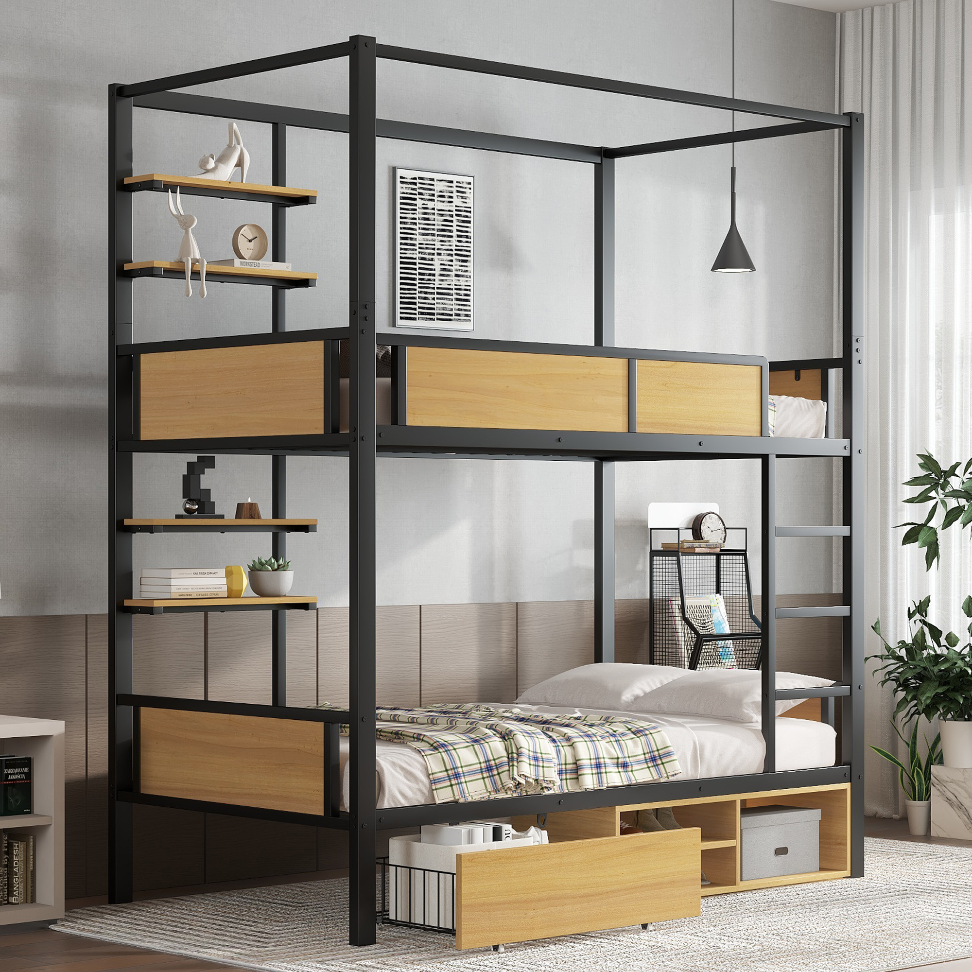 Bunk Bed, Iron Bed, Iron  MDF, Double Shelf On The Side Of The Bed, Storage Space Under The Bed, Bed Curtain Can Be Attached To The Upper Bed, Black  Natural, 90x200cm