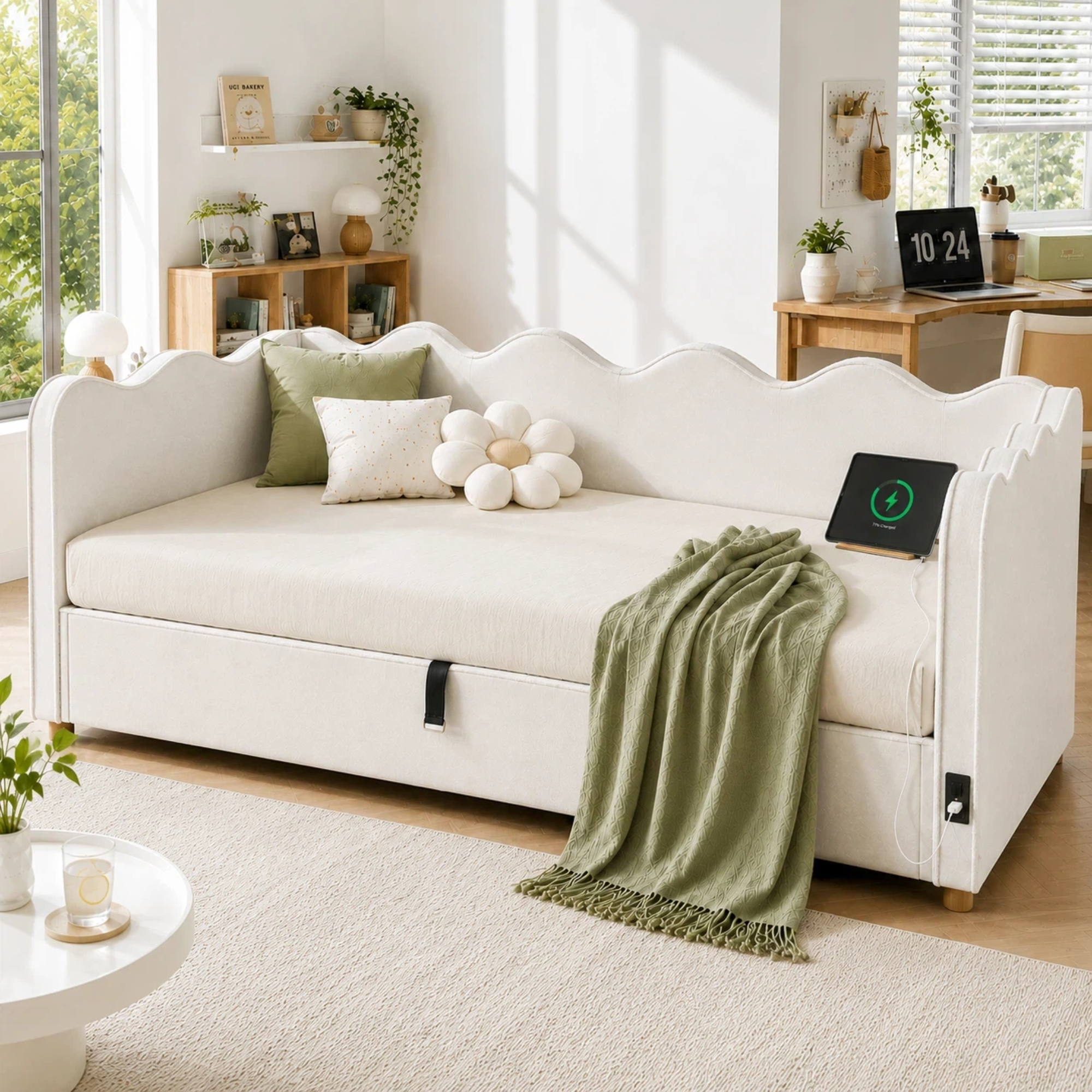 Daybed 90x200 Cm With Hydraulic Storage, Upholstered Bed, Daybed, Sofa Bed With USB & Backrest, Velvet, Beige 5