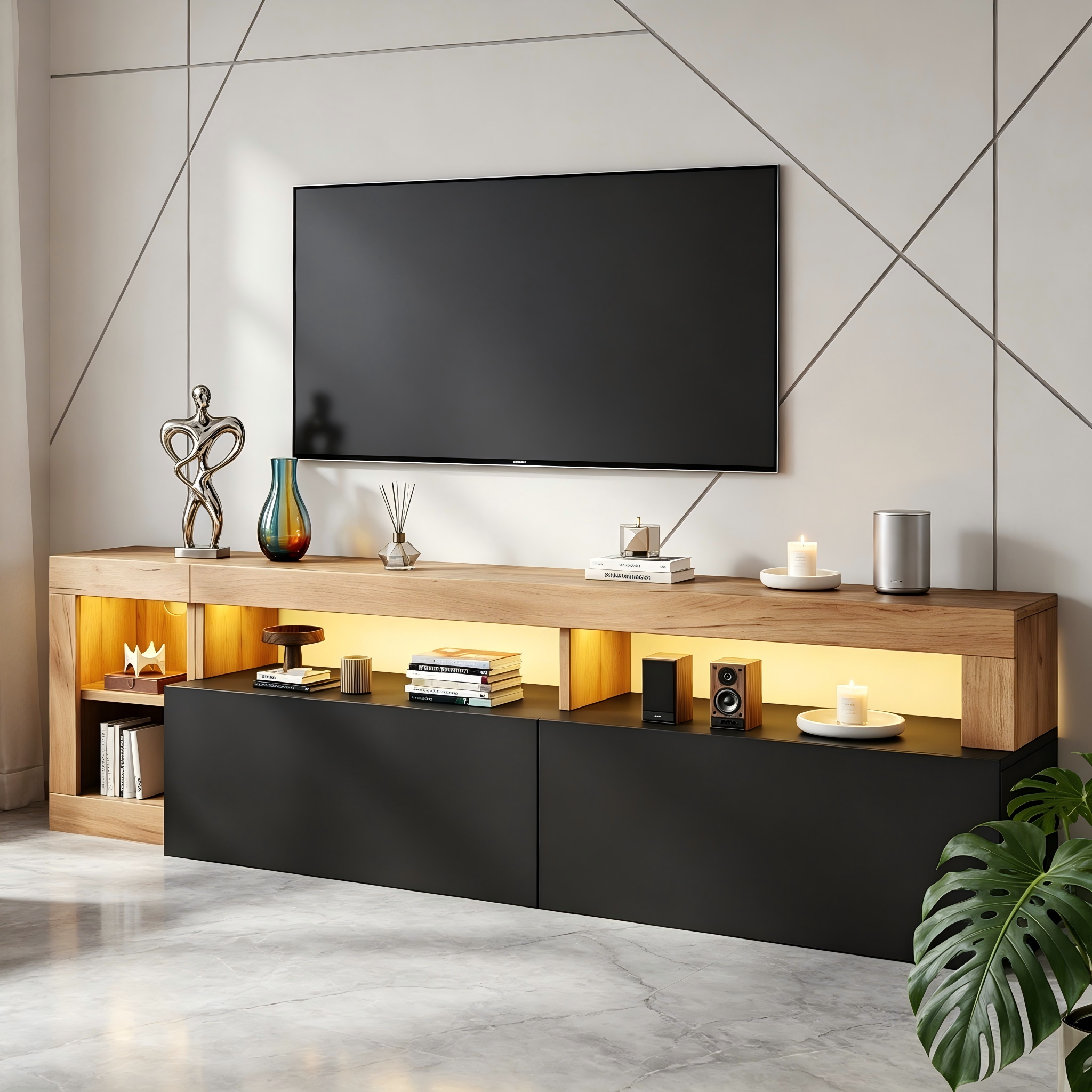 Modern TV Cabinet For TVs Up To 80 Inches, Open Storage Space With LED Indicator Light, Suitable For Bedroom And Living Room Cabinet, Original Wooden Frame, Black Cabinet Doors