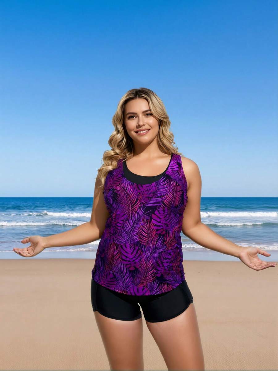 2026 New Plus Size Women's Sexy Fashion Purple-Black Botanical Print Two-Piece Boyleg Swimsuit For Vacation & Leisure