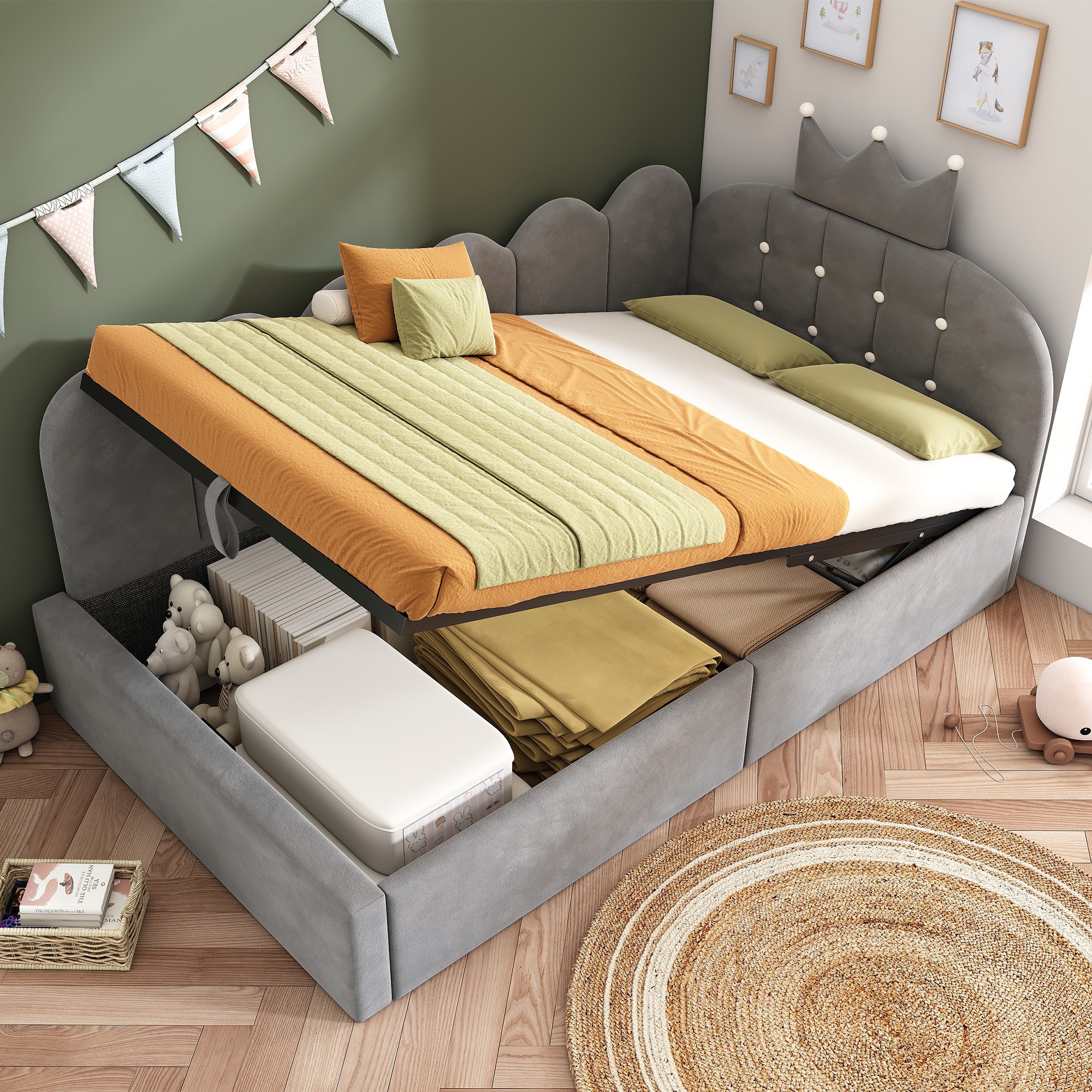Upholstered Bed Day Bed 90x200 Cm, Daybed Sofa Bed With Storage Space  Hydraulic ,guest Bed L-shape Velvet In Grey With Crown Lattice Design, Without Mattress