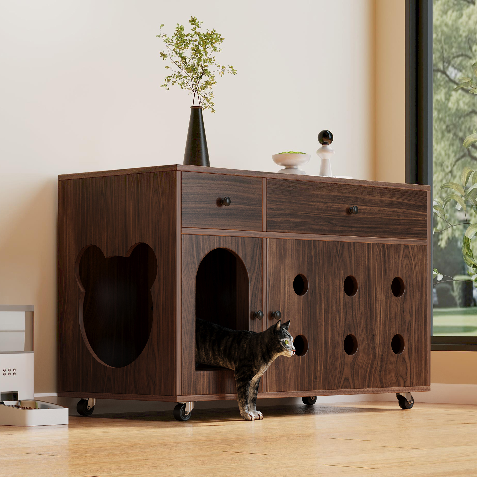 Litter Box Cabinet  Movable Litter Box Cat Cabinet Cat House With Removable Sand Drain Plate, Odour-insulated, Without Litter Box, 1 0 0x45x66 Cm, Wal