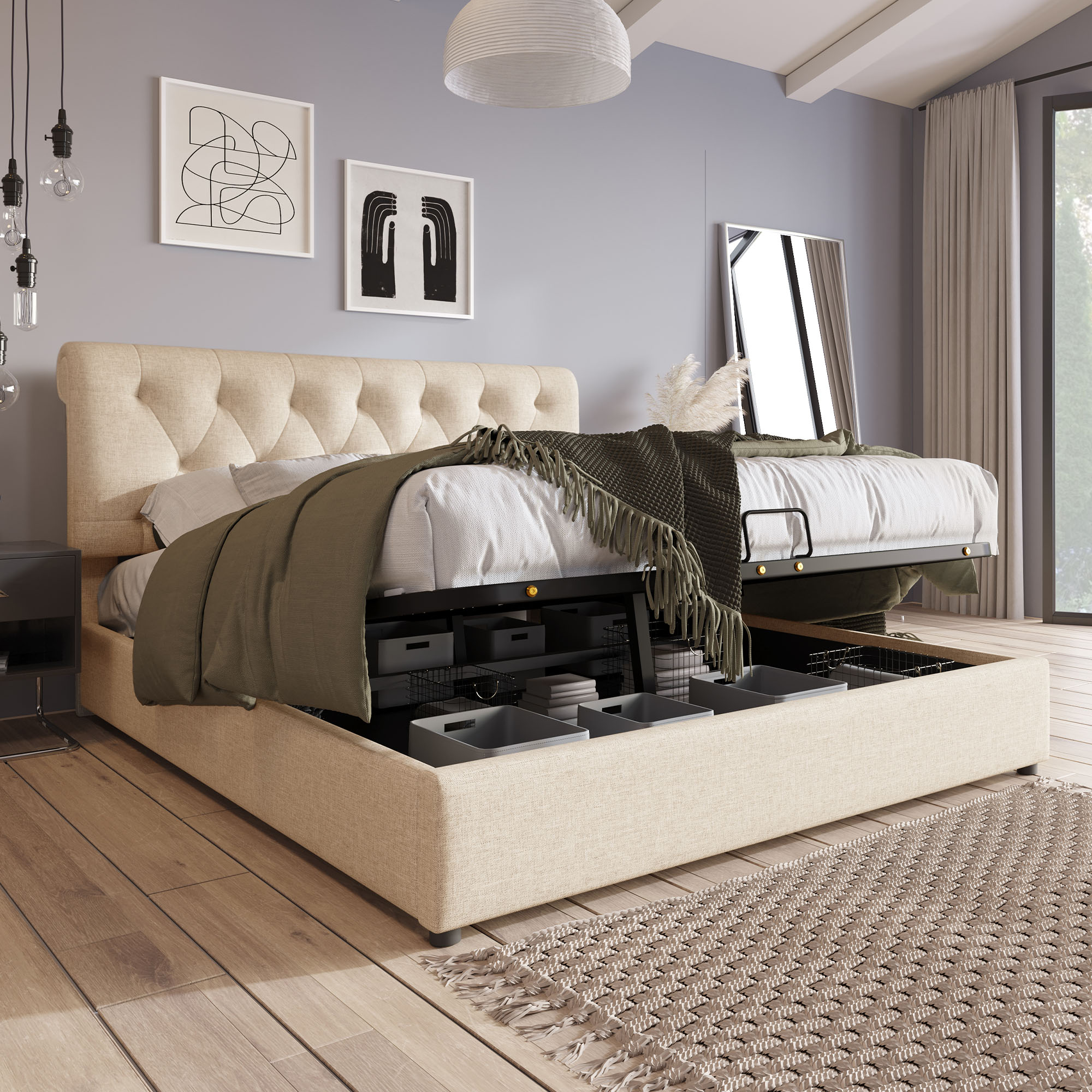 767778AAN Hydraulic Upholstered Bed 140x200cm,Adjustable Headboard Double Bed, Bed With Metal Frame Slatted Frame, Modern Bed Frame With Storage Space, Natural,Without Mattress