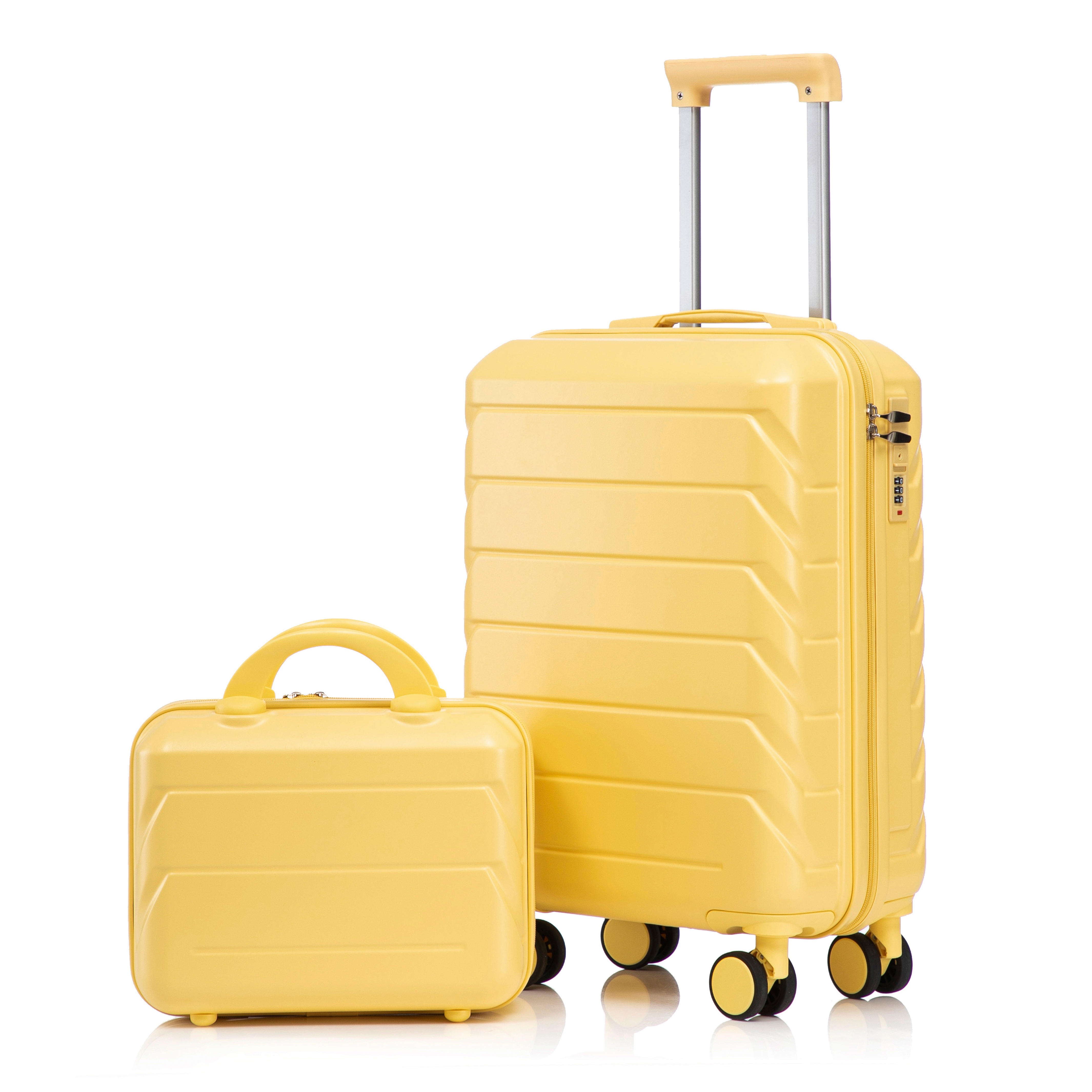 14IN-19IN2-Piece ABS Spinner Case Set With Combination Lock & 14IN Cosmetic Bag  Yellow