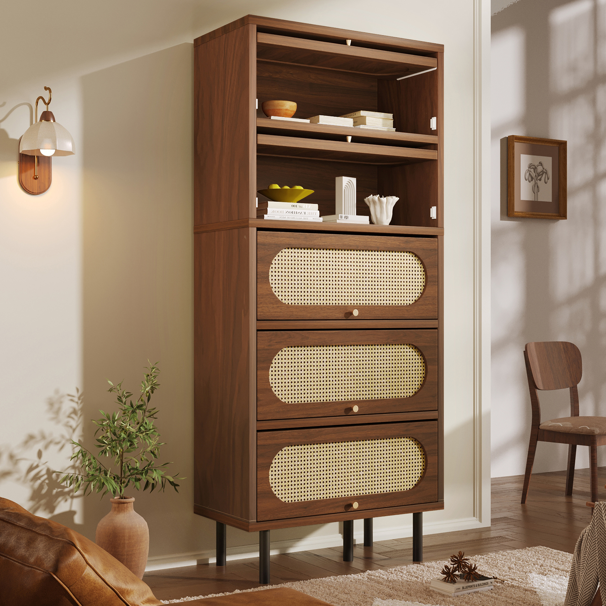 Sideboard Walnut With Rattan 80x40x163 Cm, Tall Cabinet 5 Flaps, Chest Of Drawers Wood Metal Legs, Large Storage Space, Living Room Hallway Kitchen Cabinet
