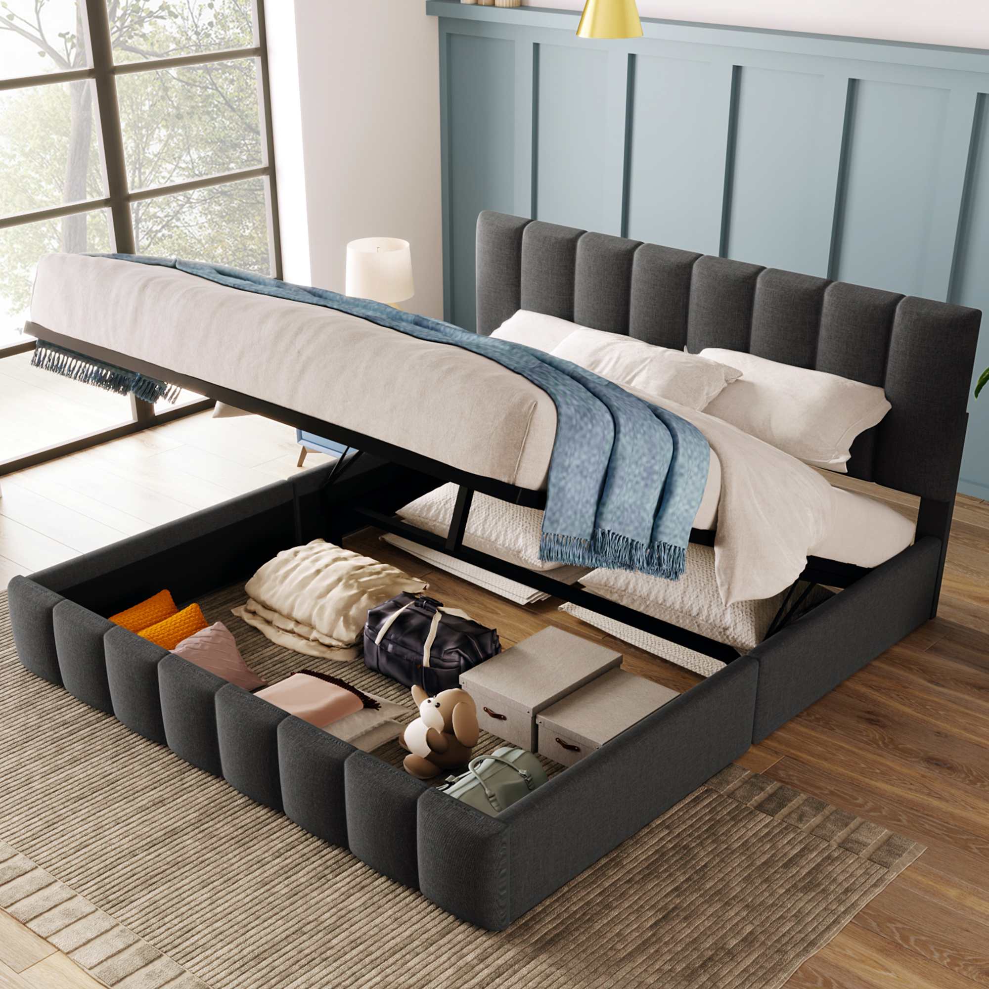 Hydraulic Double Bed Upholstered Bed 140x200cm,Adjustable Headboard, Bed With Metal Frame Slatted Frame, Linen Material, Modern Bed Frame With Storage Space, Grey Without Mattress