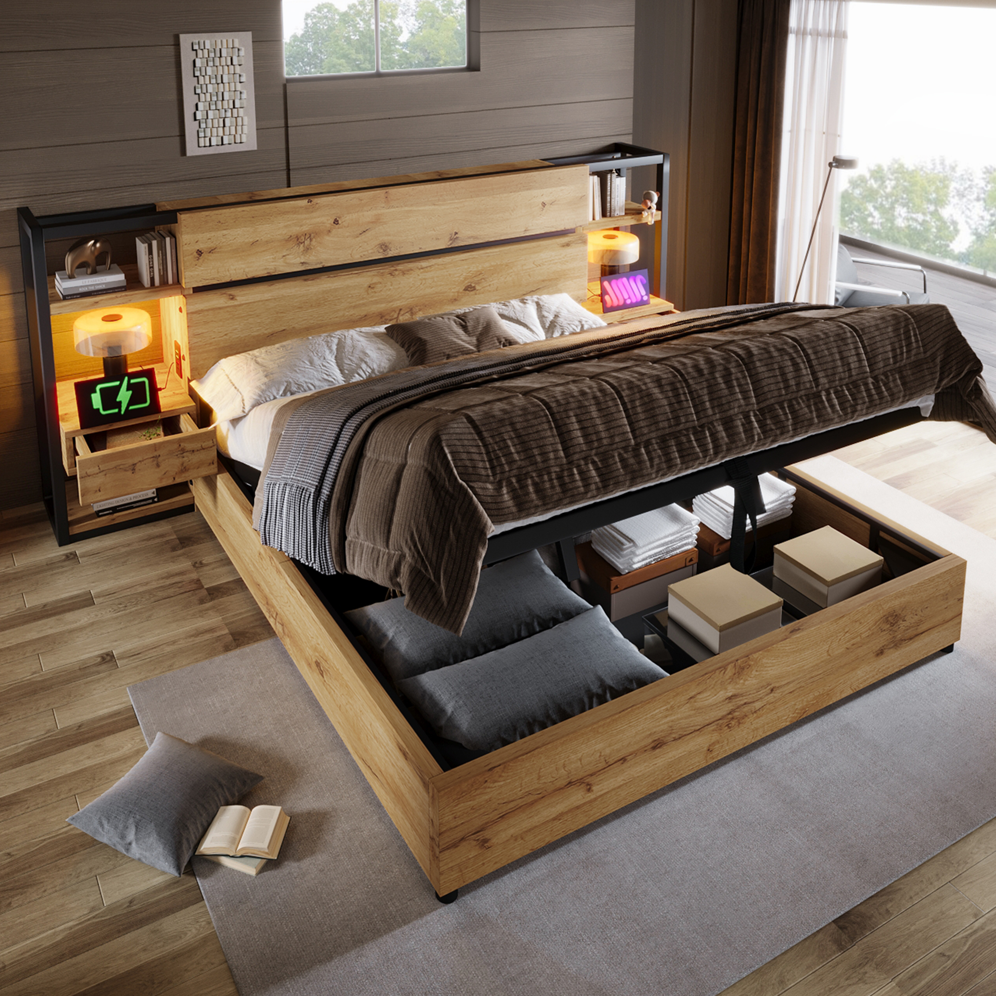 Wooden Bed Double Bed 180X200cm, Hydraulic Storage Bed, Storage Headboard With Drawers And USB&Type-C Charging Port, Bed Frame With Wooden Slats, Oak Colour  Without Mattress
