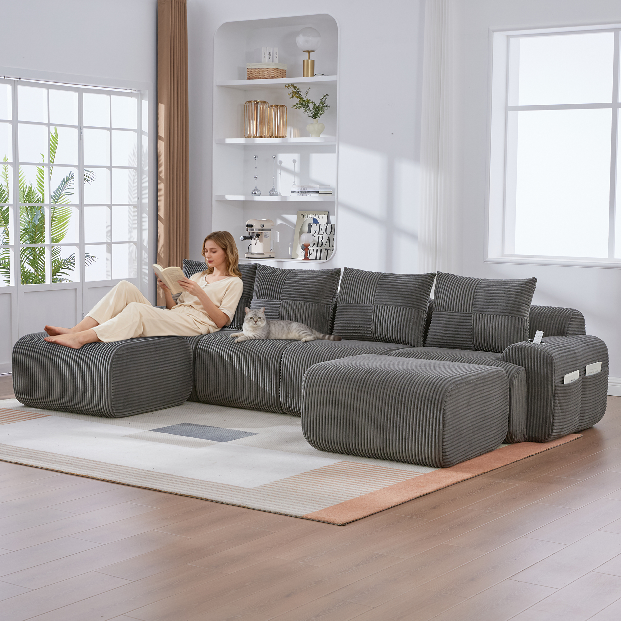 Modular Corduroy Sofa For 4 People  With 2 Stools , Freely Combinable, Including Cup Holder And Side Storage Bag, Ideal For Living Room, Family Room And Other Rooms.