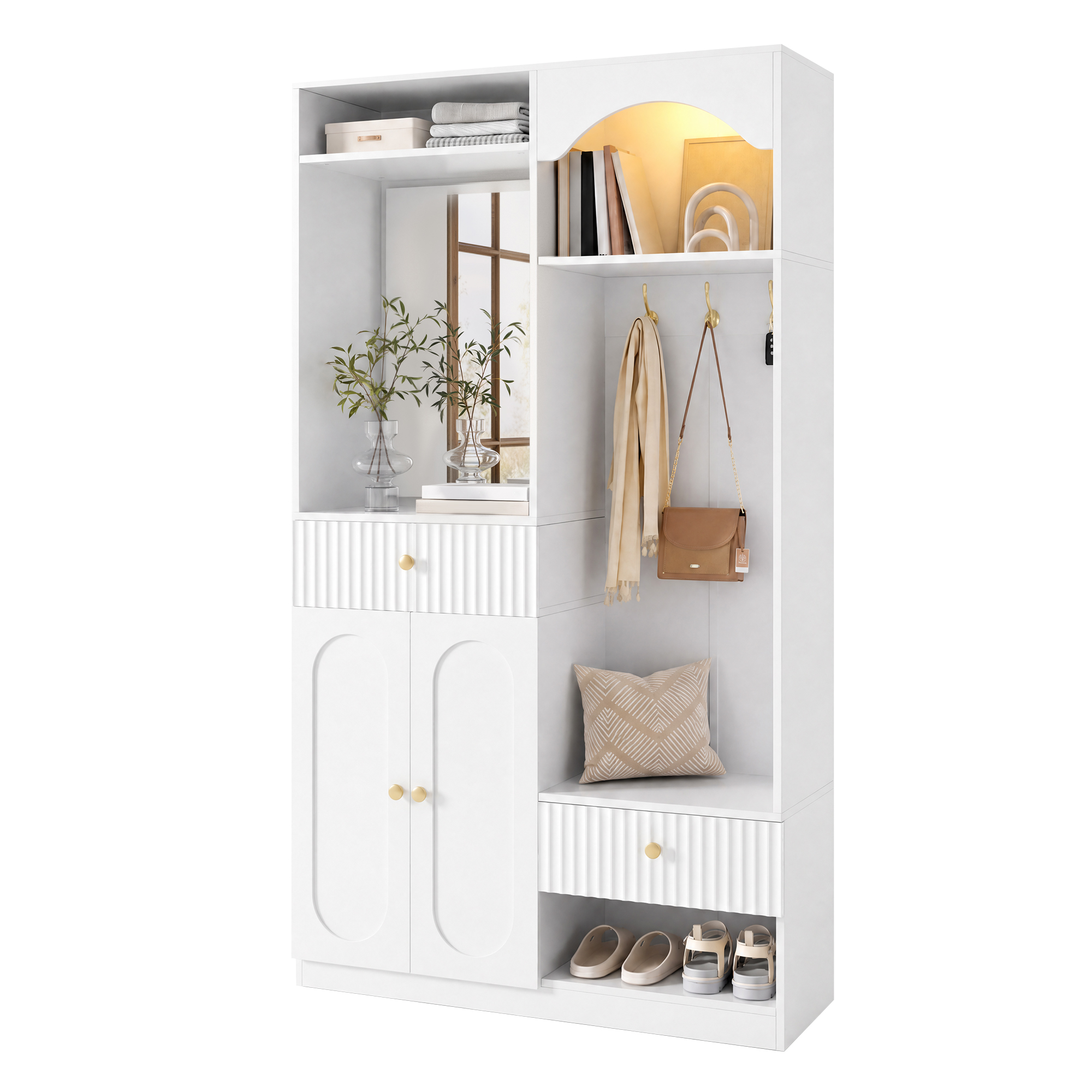 Porte-manteau compact avec miroir et banquette, armoire à chaussures de couloir