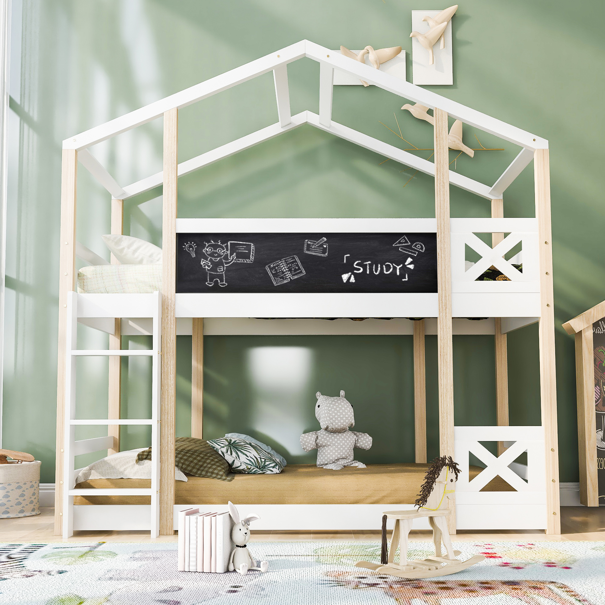 517273AAW   Children's Bed Tree House With Ladder 90 X 200 Cm, Loft Bed For Children - 2x Slatted Frame - Natural & White