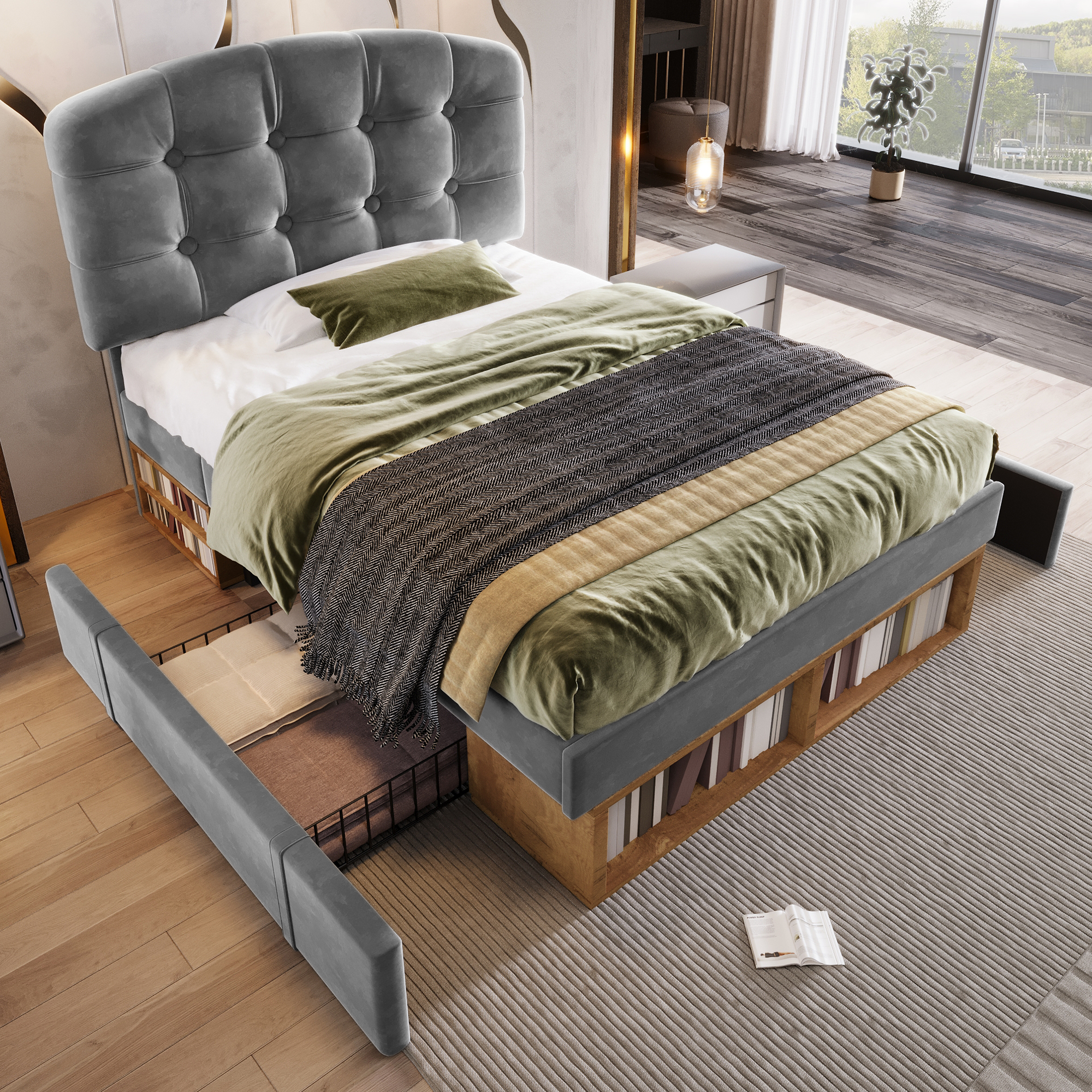 Single Bed 90x200 Upholstered Bed Velvet Grey With Slatted Base, Bed Frame With Curved Height-adjustable Headboard, Bed With Drawers And Storage, Youth Bed, Bedroom Bed Without Mattress.