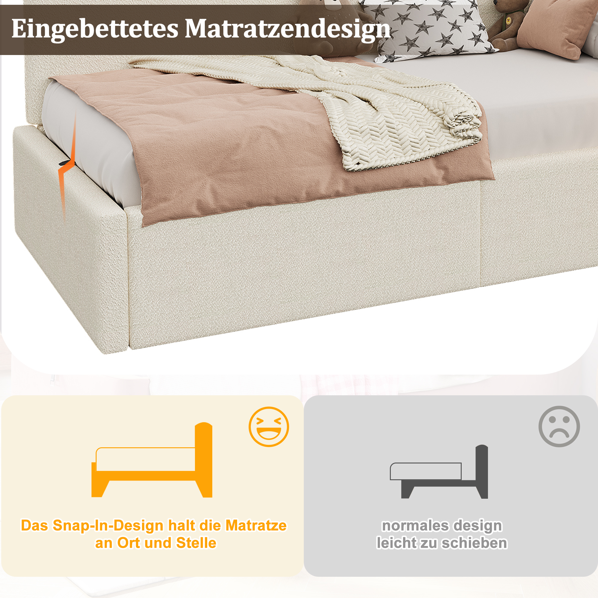 Daybed 90x200 Cm With Hydraulic Storage, Upholstered Bed, Daybed, Sofa Bed With USB Charging Port And Reading Lamp, Beige, Boucle 3