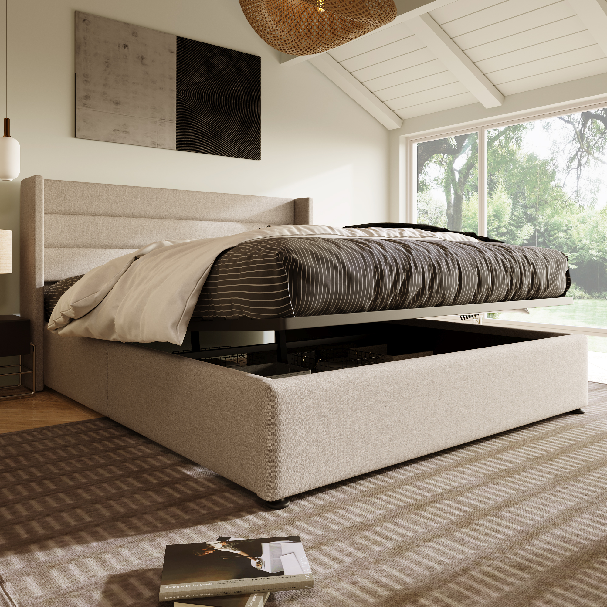 Storage Bed Upholstered Bed Hydraulic Double Bed 160x200cm, Wooden Slatted Base, Bed With Metal Frame Bed Base, Linen, Beige