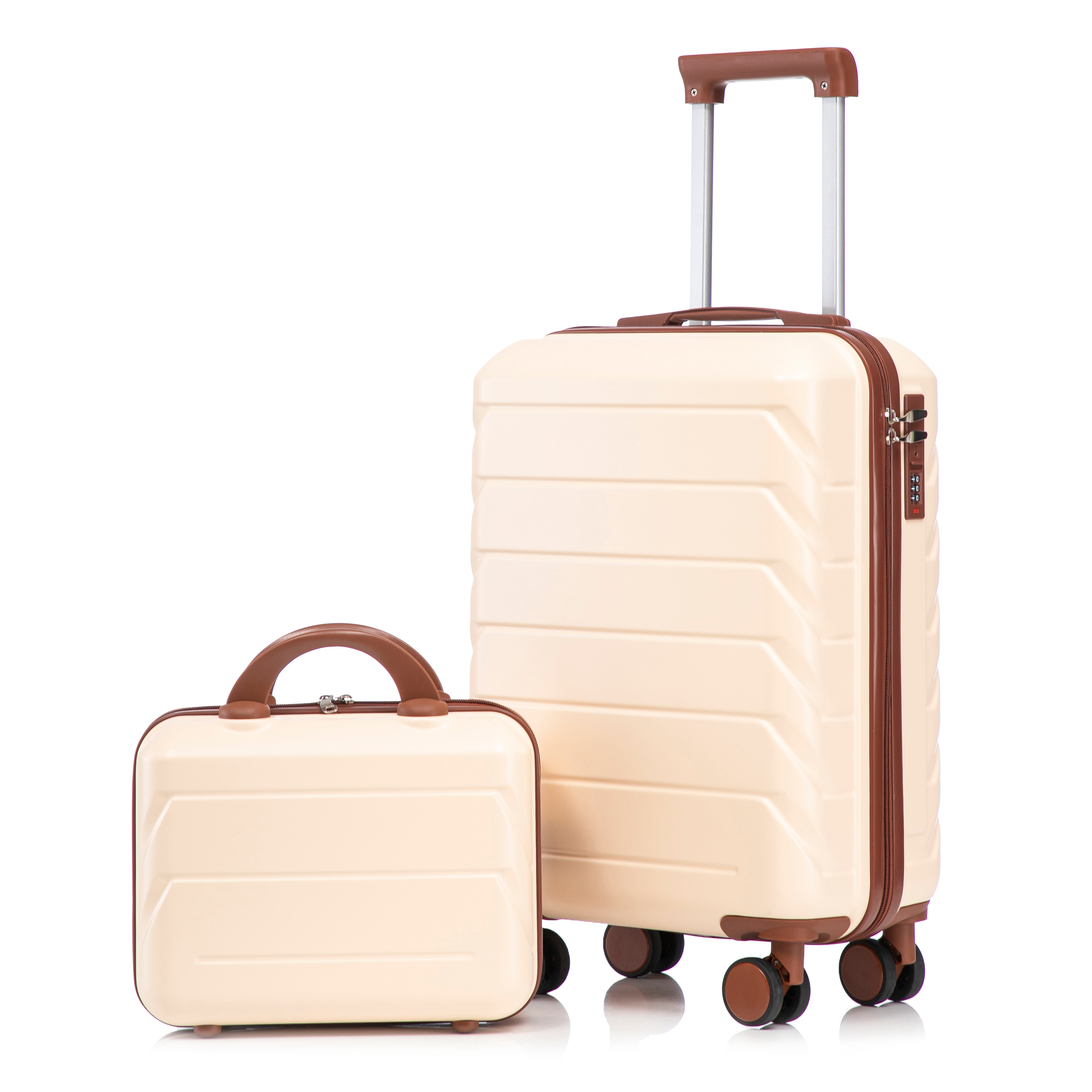 14in-19in 2-Piece ABS Spinner Case Set With Combination Lock & 14in Cosmetic Bag  Beige