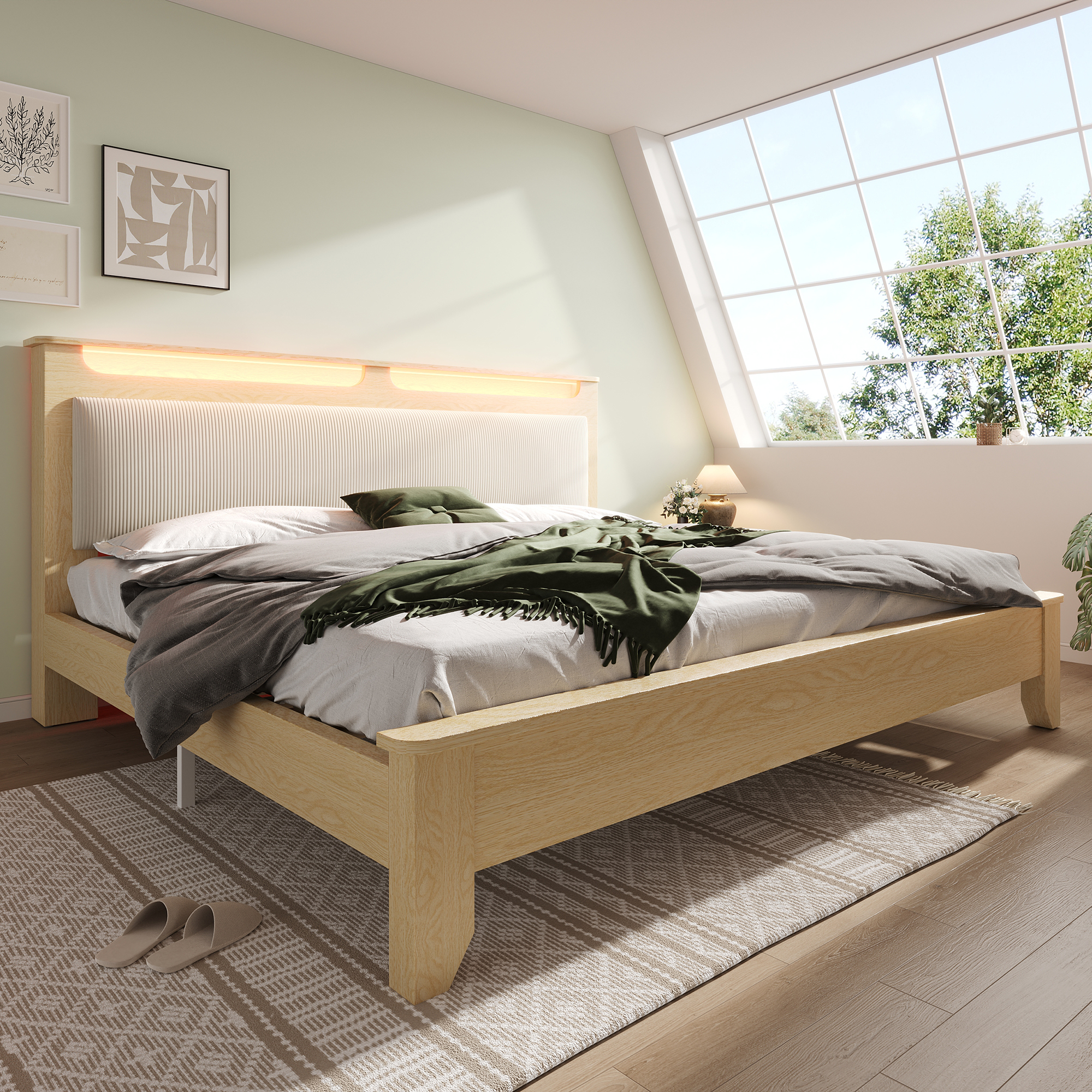 Double Bed Wooden Bed 160X200cm, Headboard With Storage Space, LED Lighting And Beige Corduroy Upholstered Backrest, Bed Frame With Wooden Slats, Light Oak  Without Mattress & Bed Bench