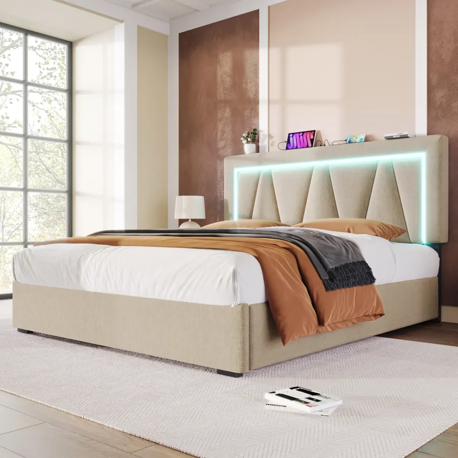 Polsterbett LED Doppelbett Mit USB Typ C Ladefunktion Und LED-Beleucht