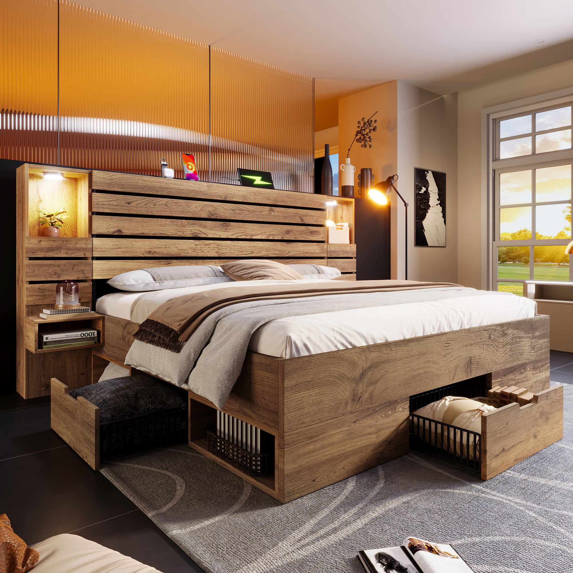 Wooden Bed Double Bed 180x200 Cm With LED Downlights And USB Type-C, Illuminated Alcove, Floating Bedside Tables, Underbed Storage Space With Drawers, Oak Look, Without Mattress