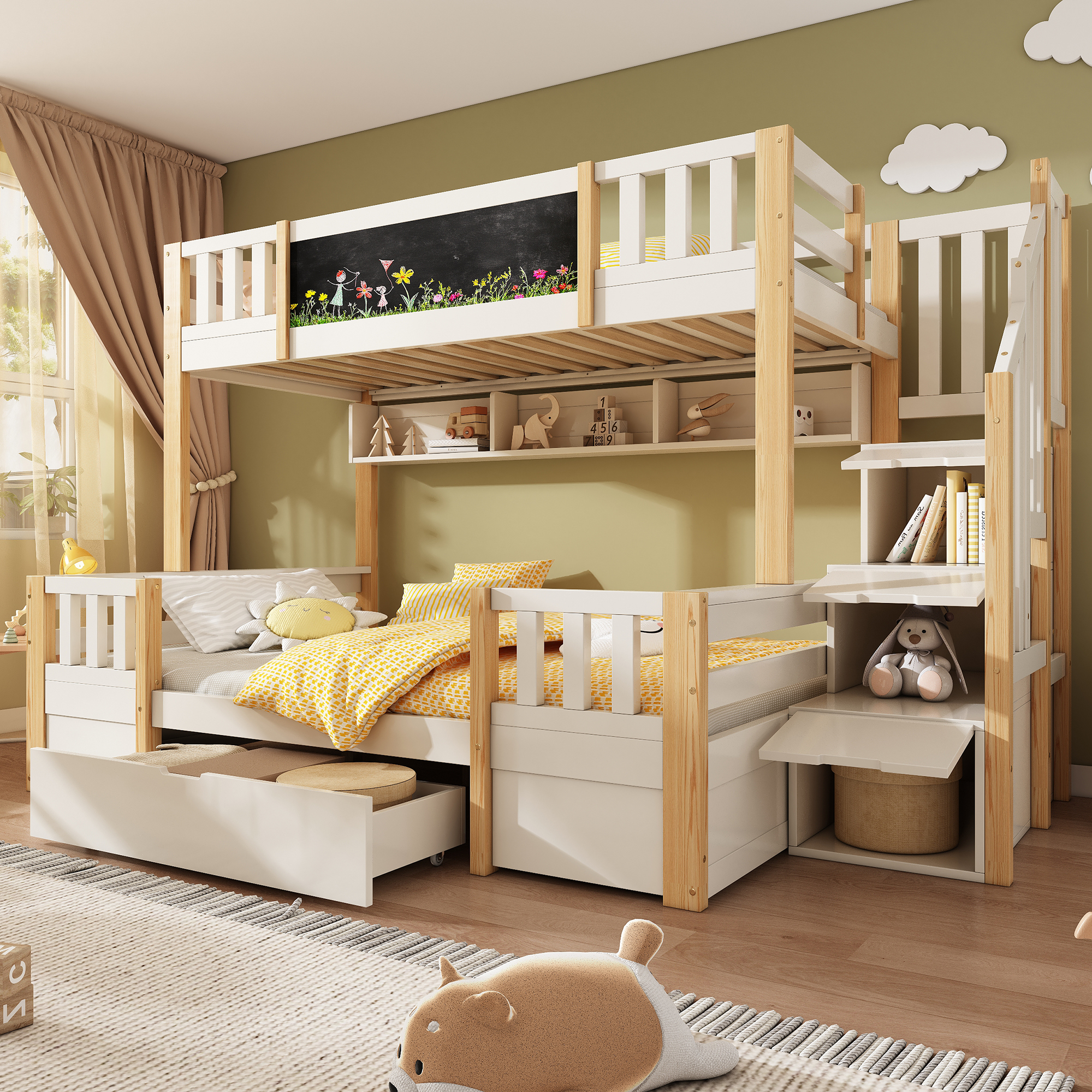 Bunk Bed For 3 Children 90x200 & 140x200 Made Of Solid Wood With Chalkboard, Storage Stairs, Drawers And Ladder Cupboard, Stable Loft Bed Bunk Bed Youth Bed, White Natural