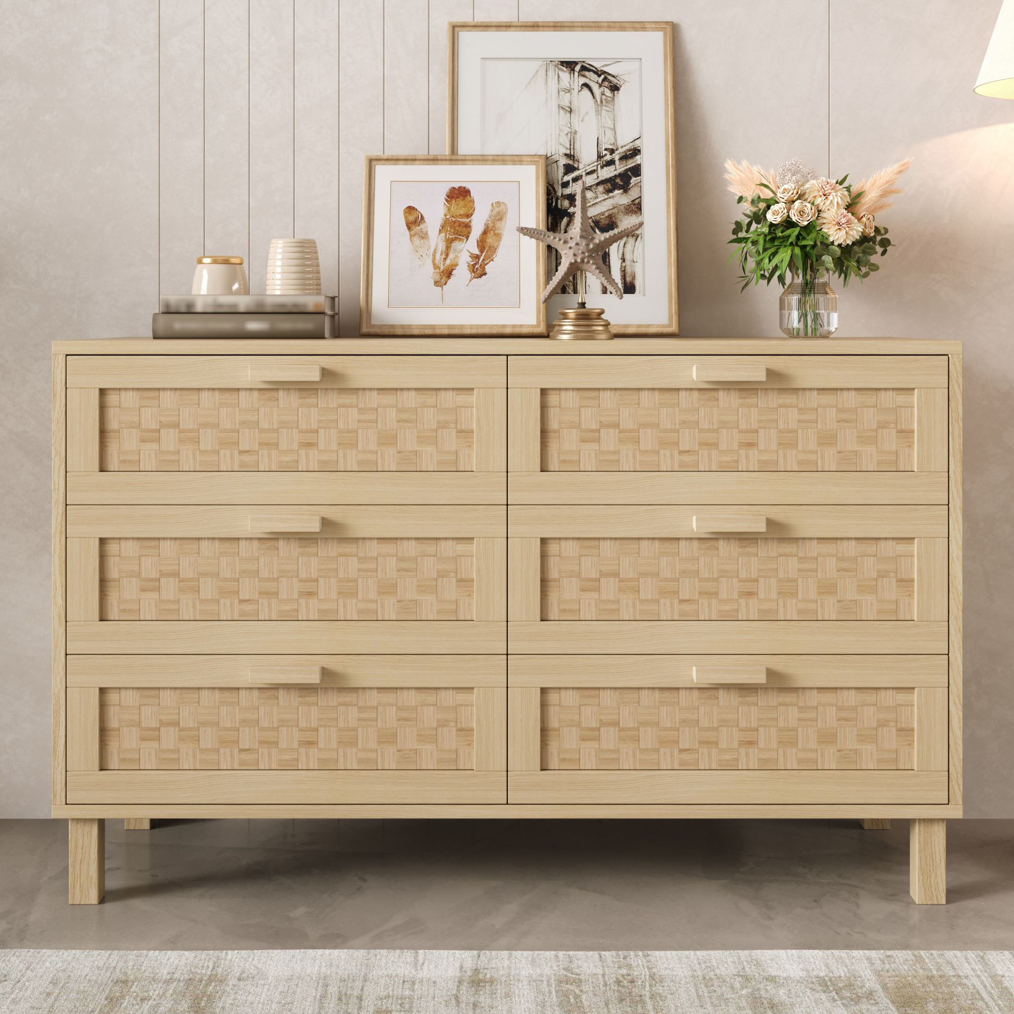 Elegant Sideboard And Chest Of Drawers Made Of Natural Wood With Six Drawers, Bedroom Wardrobe With Plenty Of Storage Space, Drawers In Rattan Effect.