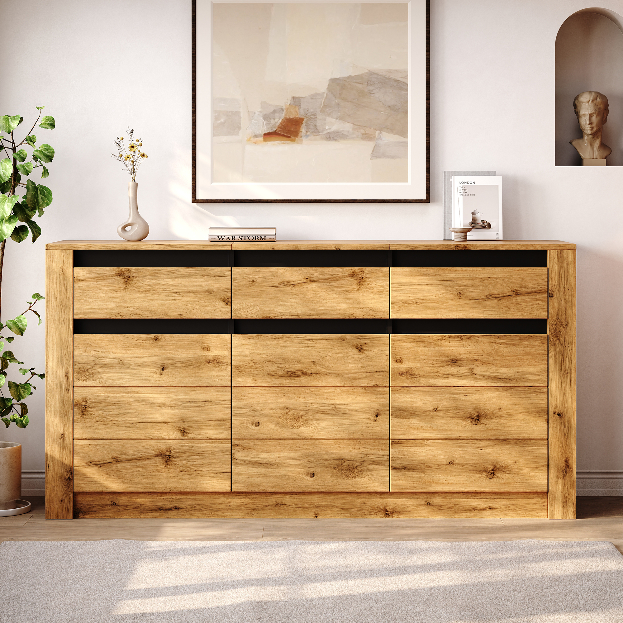 Wave-optic Sideboard 135x35x70cm Made Of Chipboard, Modern Chest Of Drawers For Living Room, Cabinet With 9 Storage Areas, Natural Wood-coloured Side Cabinet With 3 Drawers & Cabinet Compartments,