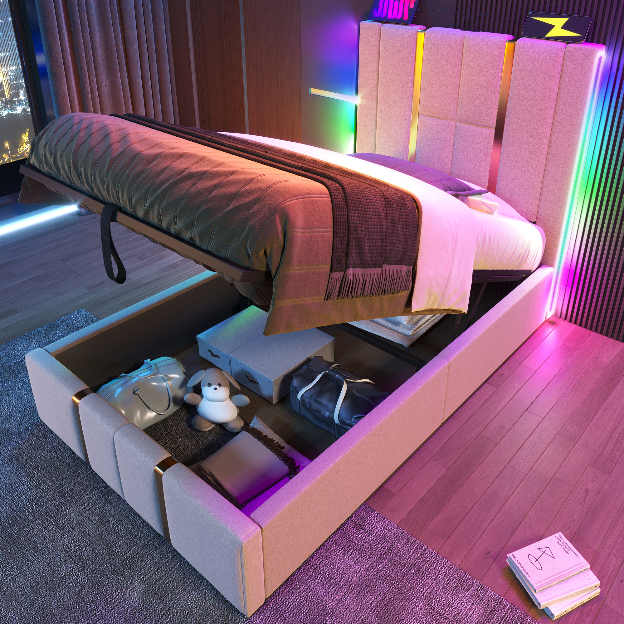 Upholstered Bed USB Type C Charging Function APP-Control LED Single Bed 90x200 Storage Beds Bed Frame, Wooden Slatted Frame, Beige Linen Material  Without Mattress