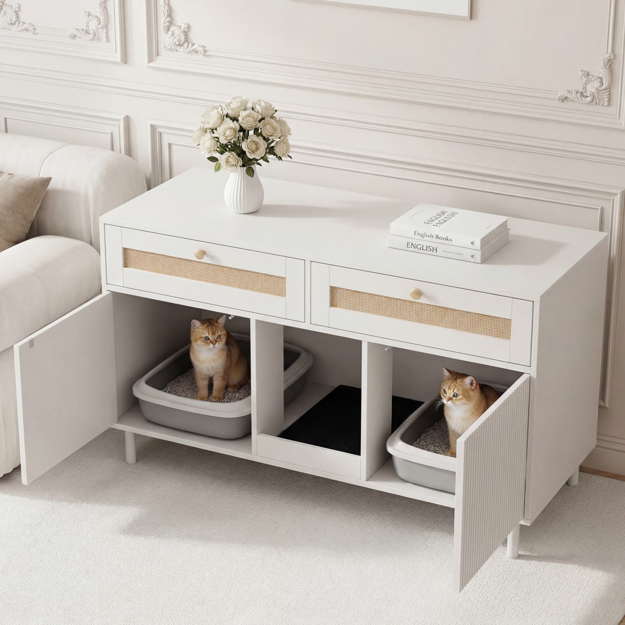 Cat Litter Cabinet With Cat Litter Mat, Cat Litter Cabinet, Pet Cabinet With Rattan Drawer, Pet Sideboard TV Cabinet, Without Cat Litter Box, White, 1