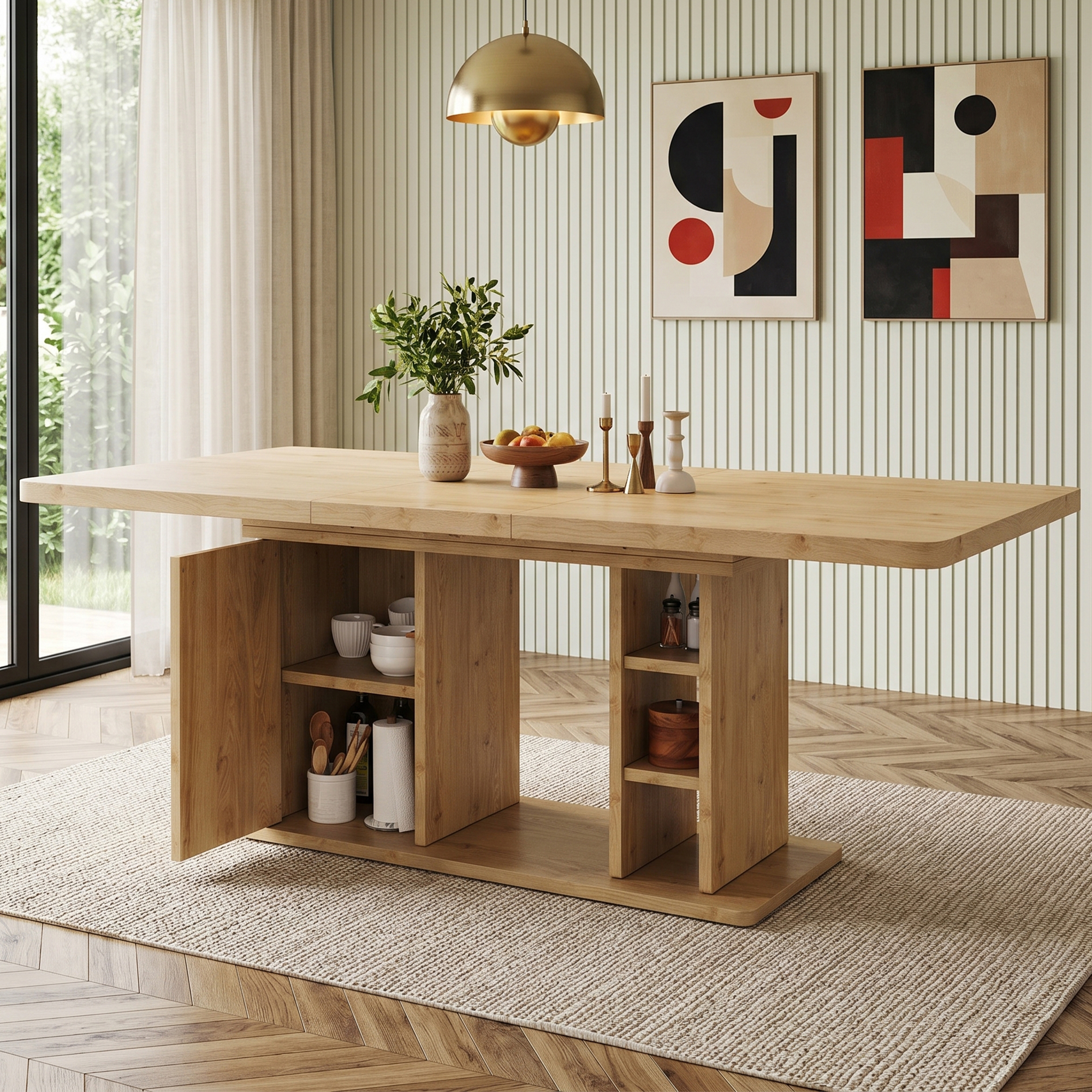 Extendable Dining Table 140 180x80 Cm, Suitable For 6-8 People,With Storage, Thickened Table Top, Scandinavian Style Extendable Dining Table, Oak Color
