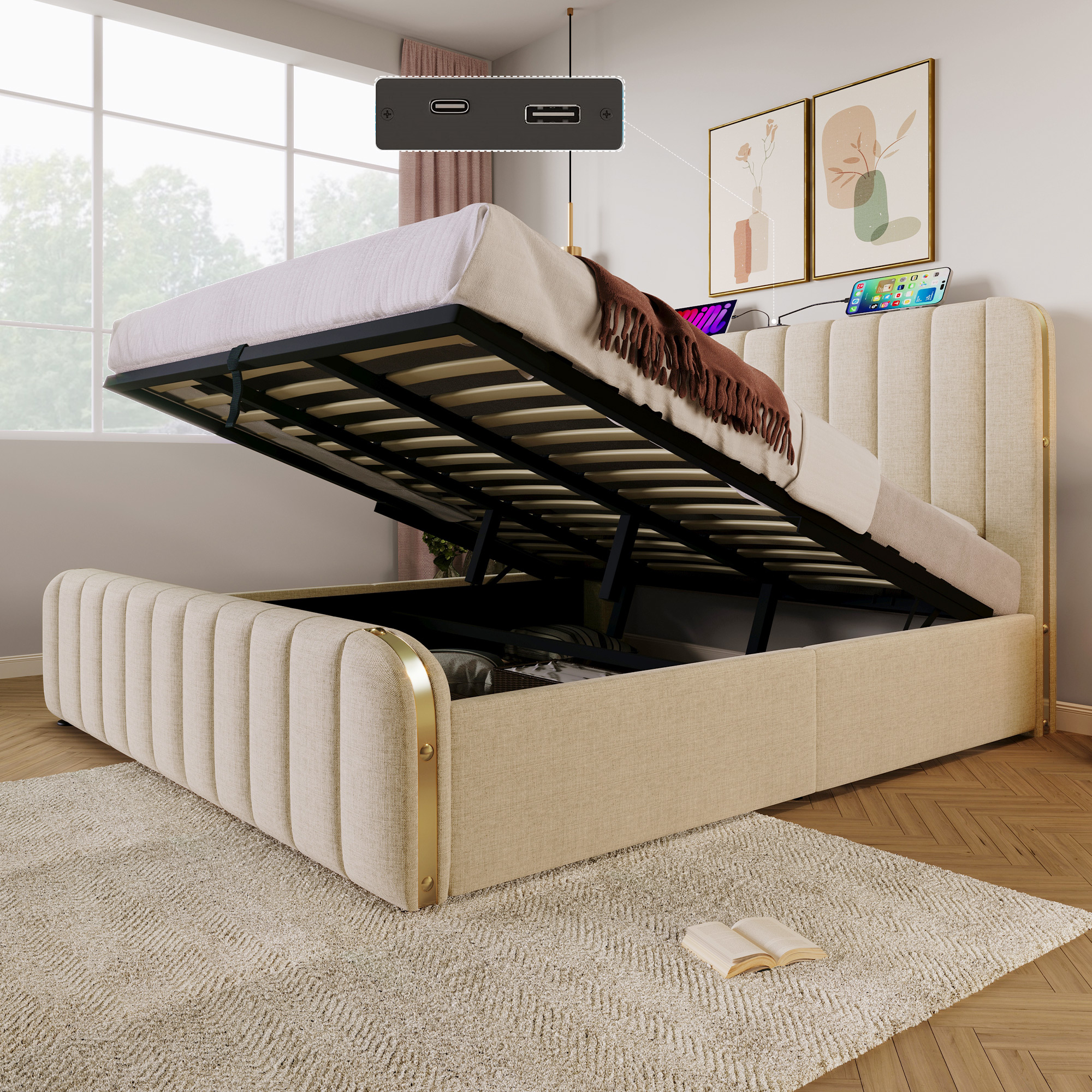 AB20025051B Upholstered Bed Double, Upholstered Headboard With Golden Decorative Stripes And USB Type-C Charging Function 180x200 Cm, Beige Linen Mate