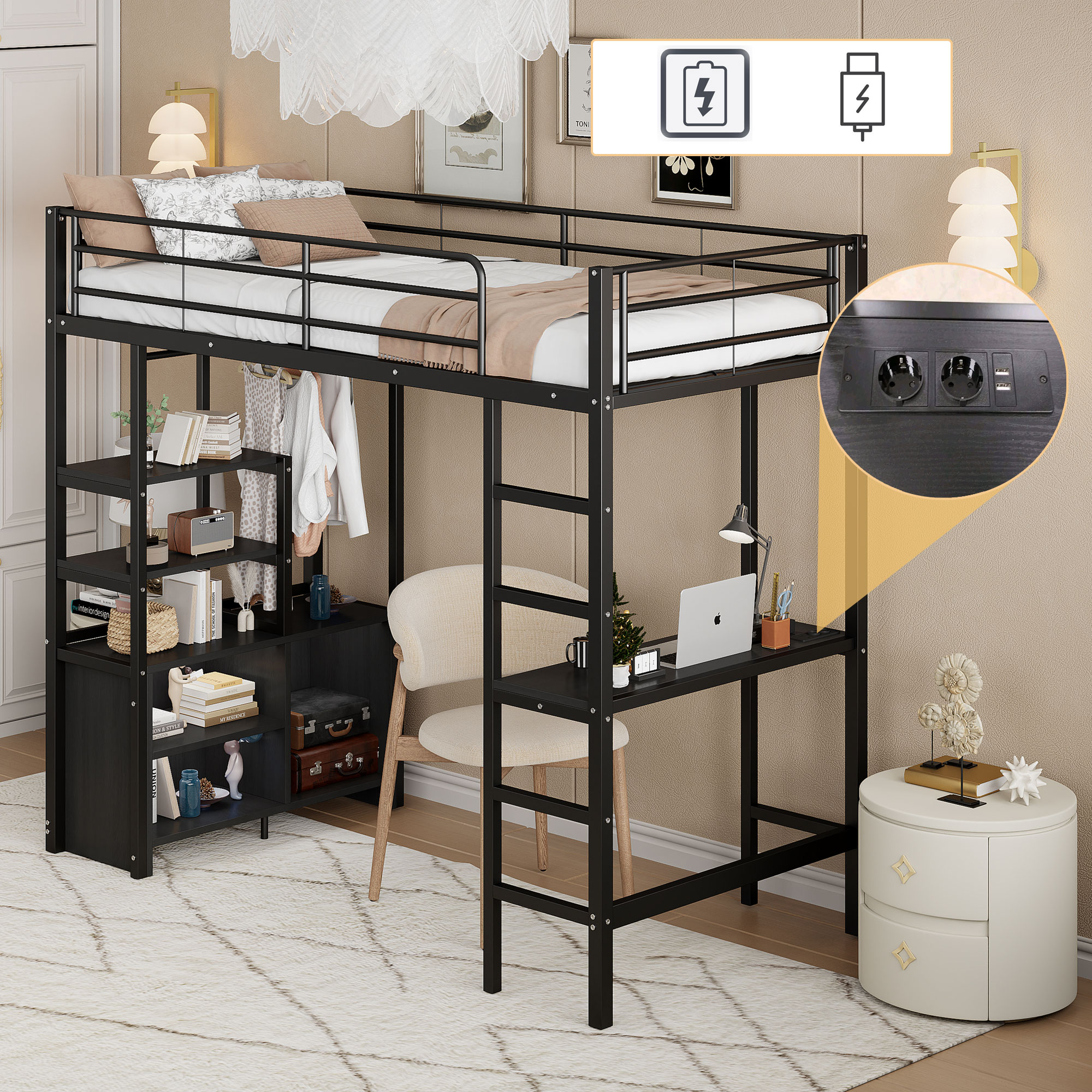 Loft Bed, 90x200cm , Without Mattress, Bed With Desk, With Socket And USB, Multiple Shelves, Open Storage Cupboard, Railing, Ladder, Iron Frame, Black